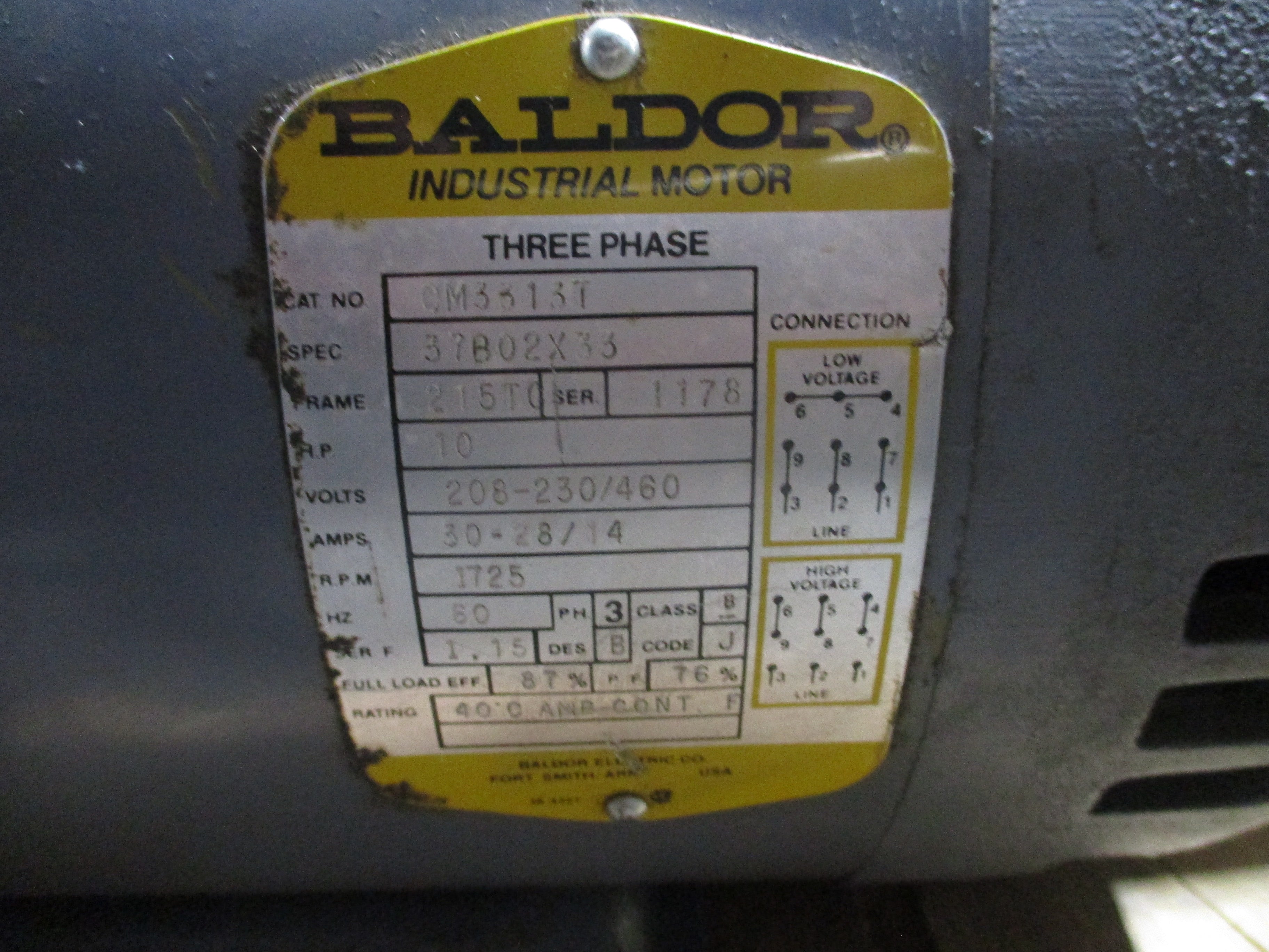Baldor Motor CM3313T 10HP 208-230/460V 30-28/14A 1800RPM 60Hz 3Ph Frame: 215TC