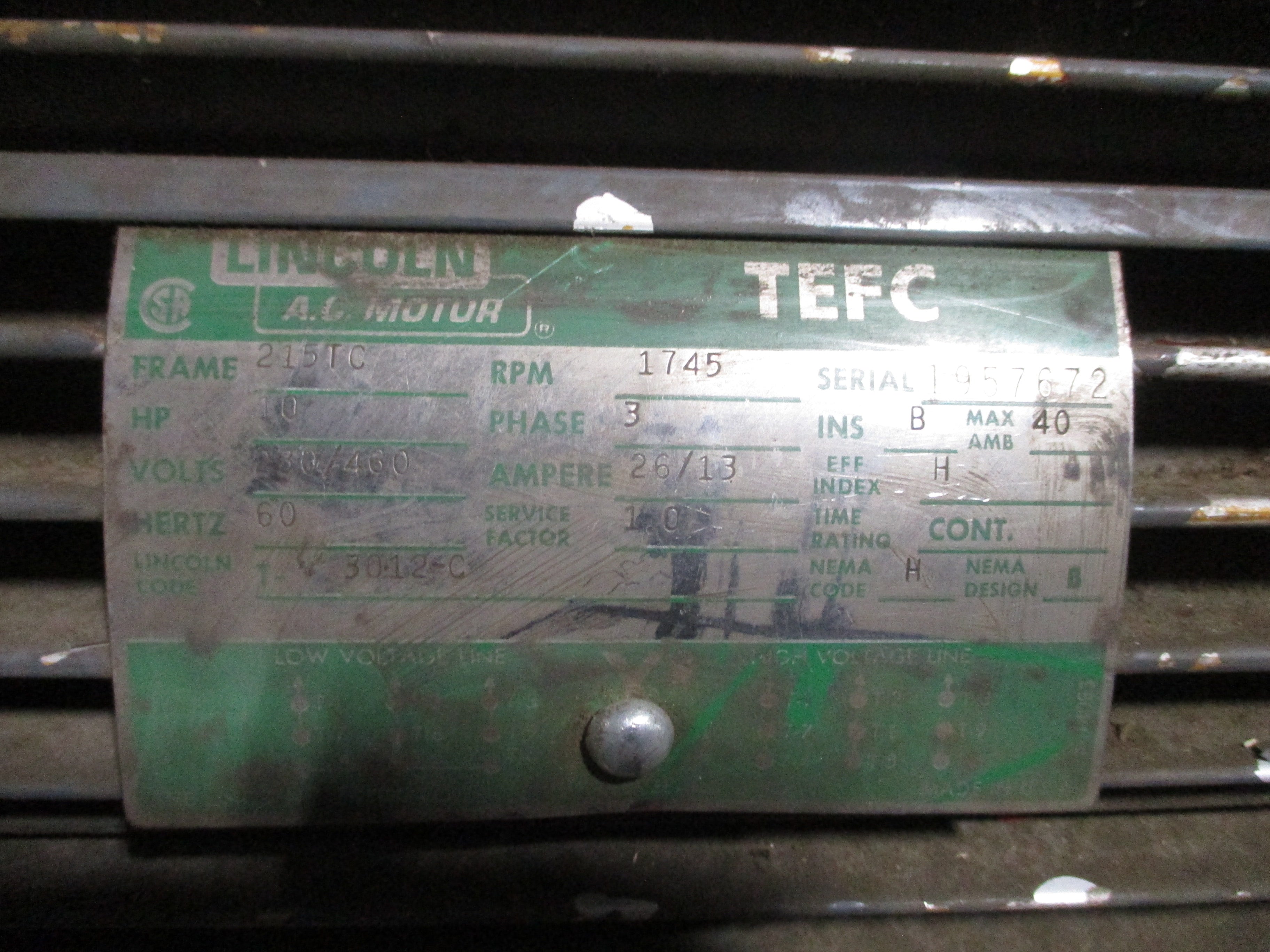 Lincoln AC Motor T-3012-C 10HP 230/460V 1800RPM 60Hz 26/13A Frame: 215TC