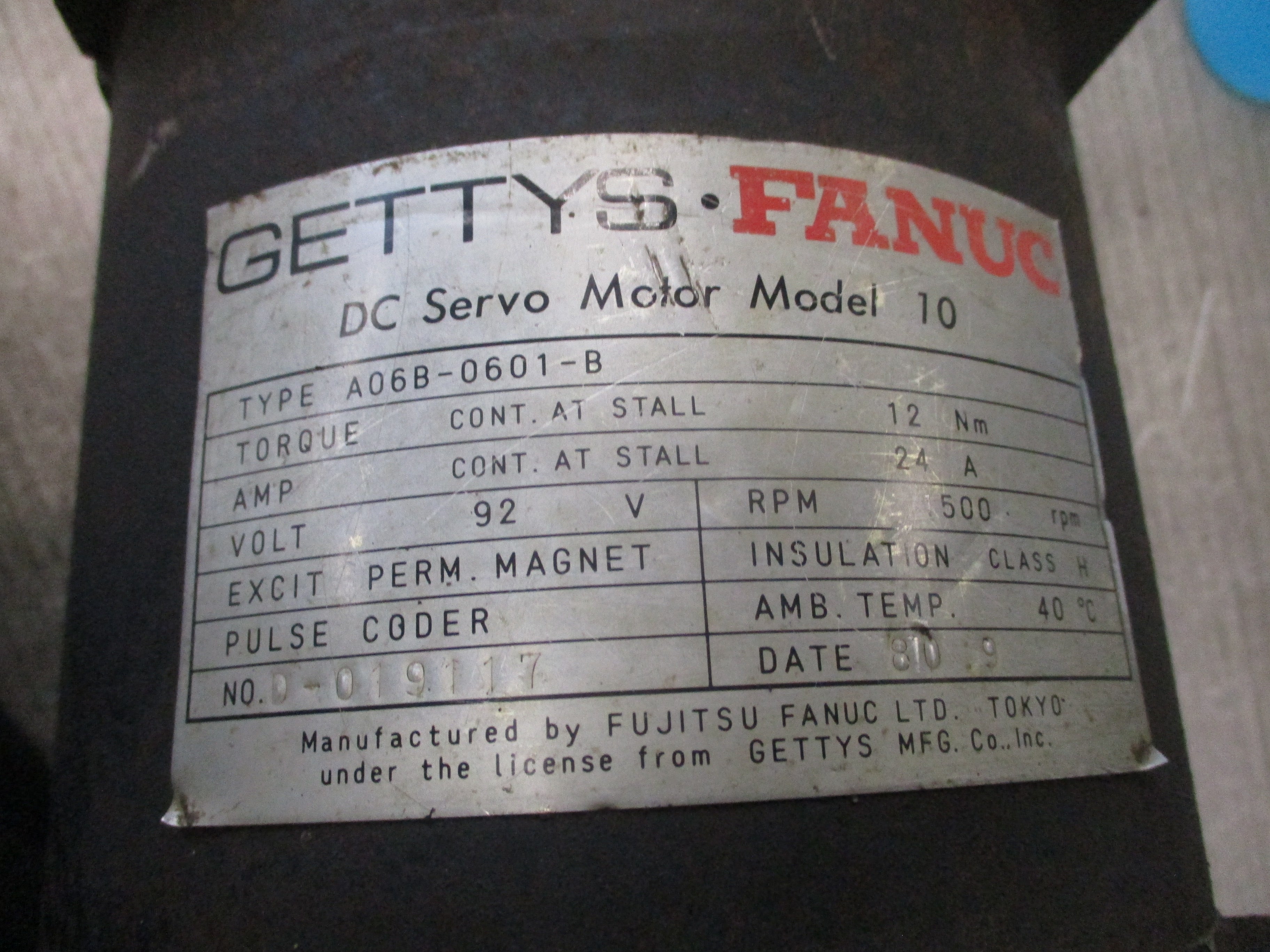 Gettys-Fanuc Model 10 DC Servo Motor A06B-0601-B 12Nm 1500RPM 92VDC 24A Used