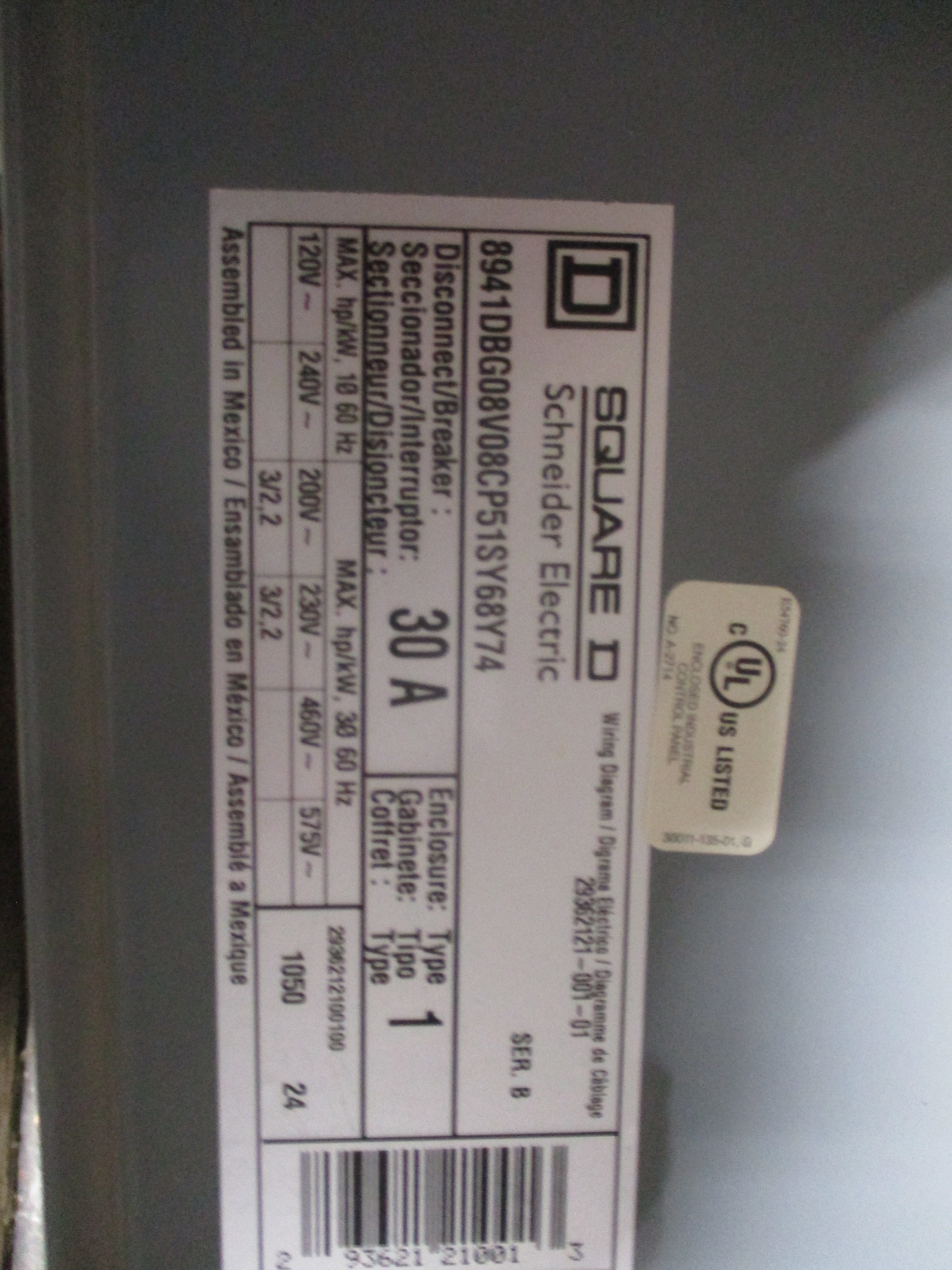 Square D Dual Fusible Size 0 Combination 8941DBG08V08CP51SY68Y74 208V Coil 30A