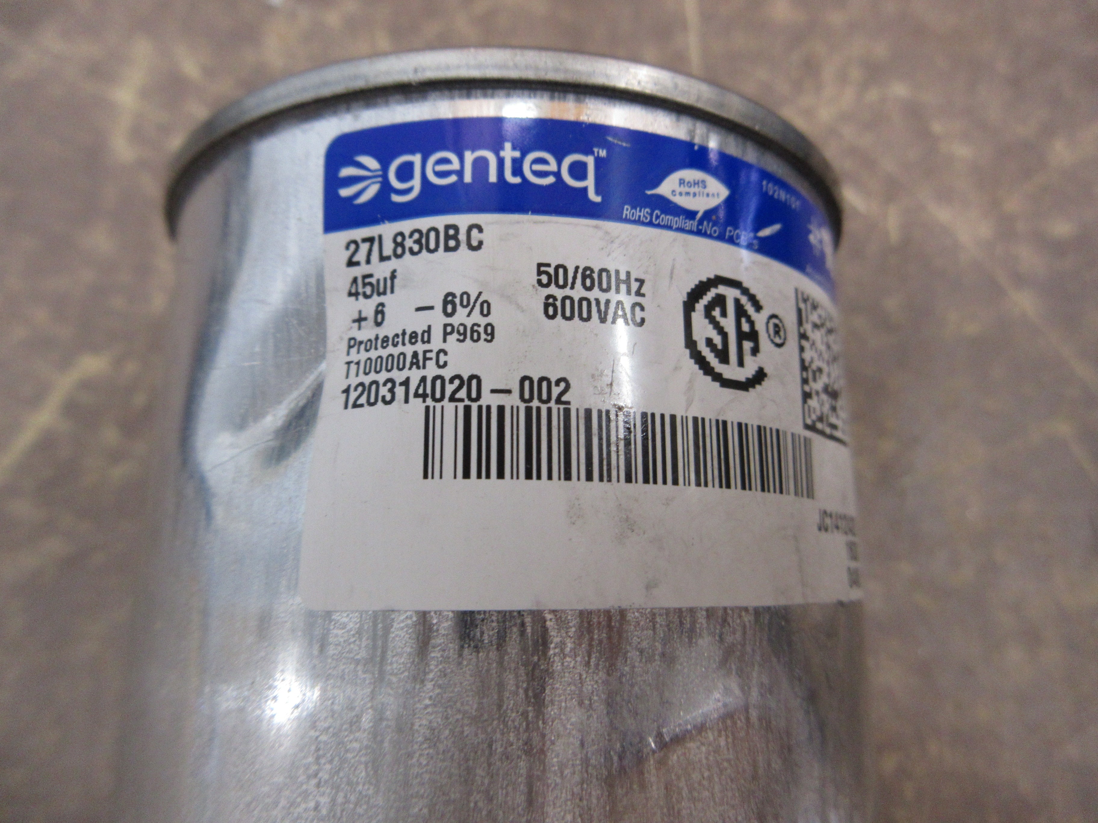 Genteq Capacitor 27L830BC 45uF 50/60Hz 600V *Dented* Used