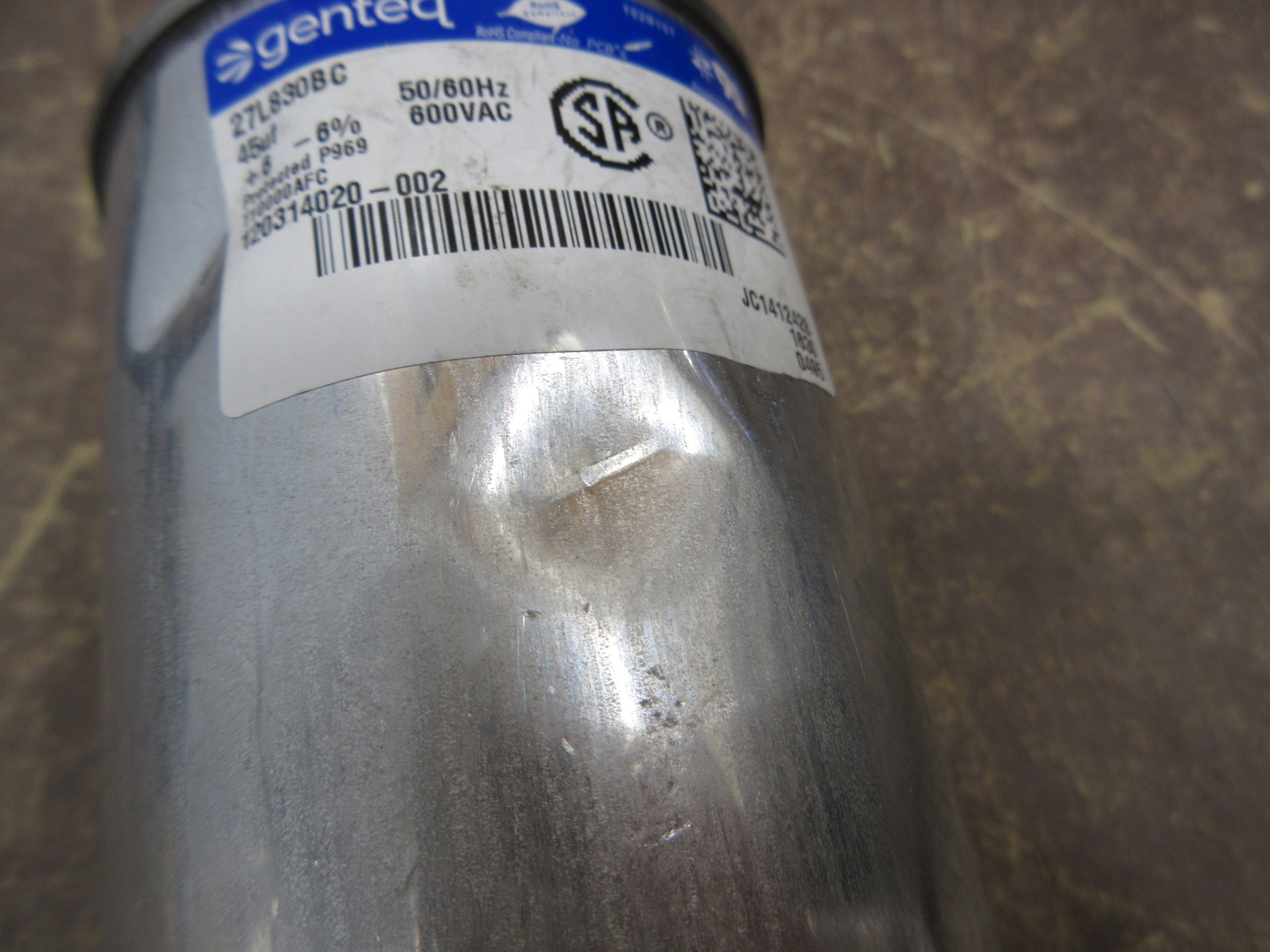 Genteq Capacitor 27L830BC 45uF 50/60Hz 600V *Dented* Used