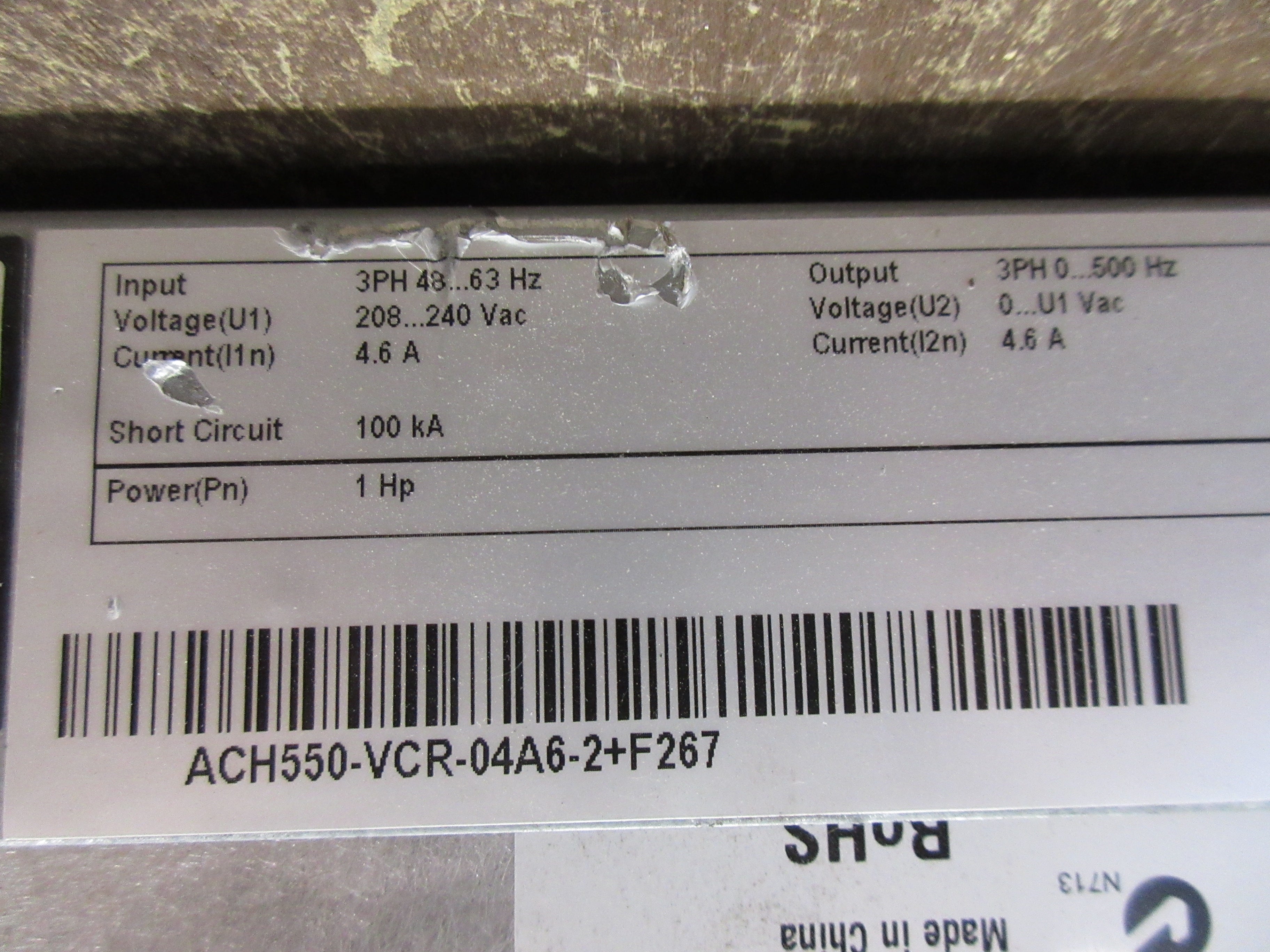 ABB ACH550 AC Drive w/ Bypass ACH550-VCR-04A6-2+F267 1HP 3Ph w/ Keypad Used