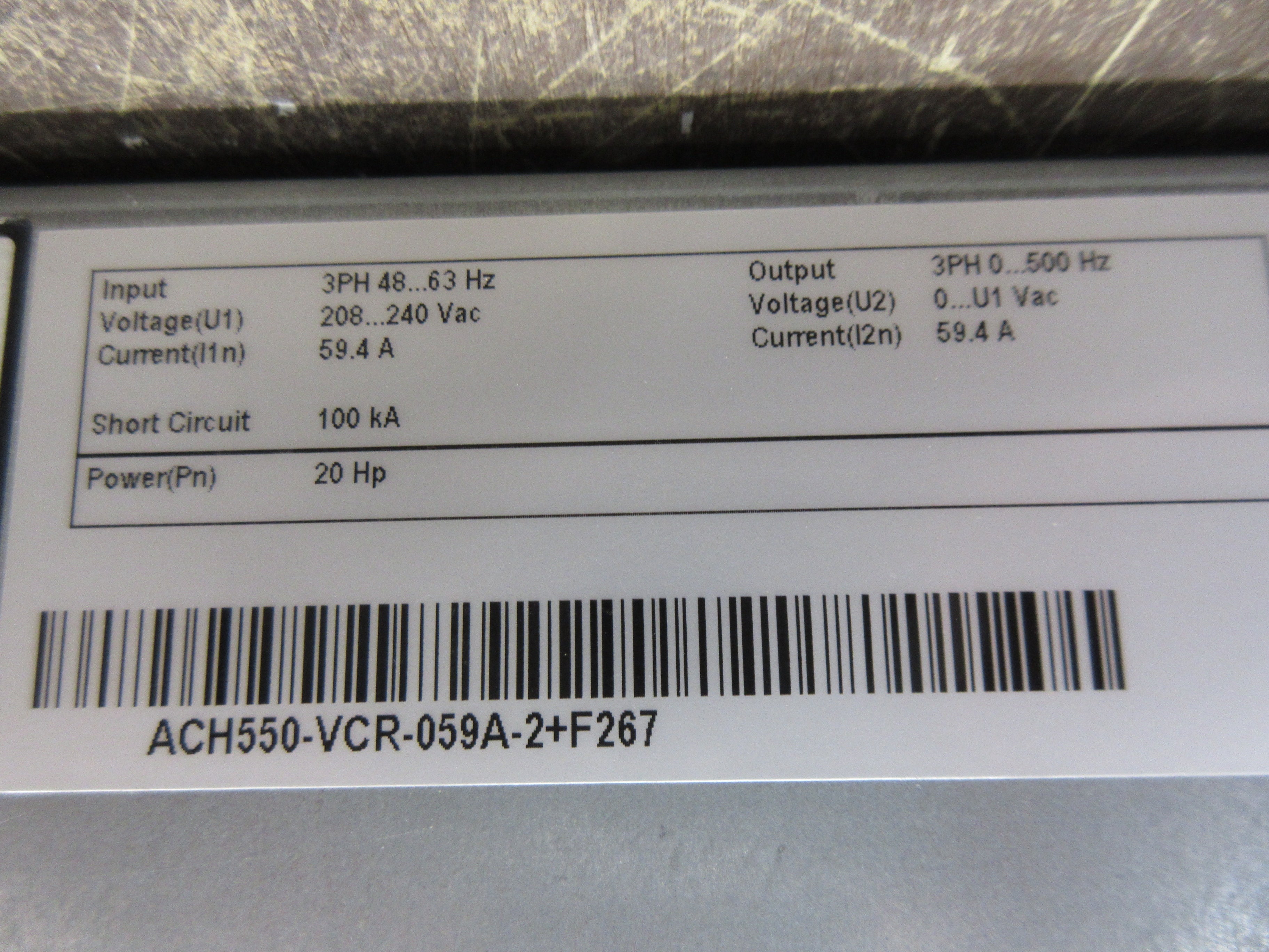 ABB ACH550 AC Drive w/ Bypass ACH550-VCR-059A-2+F267 20HP 3Ph w/ Keypad Used