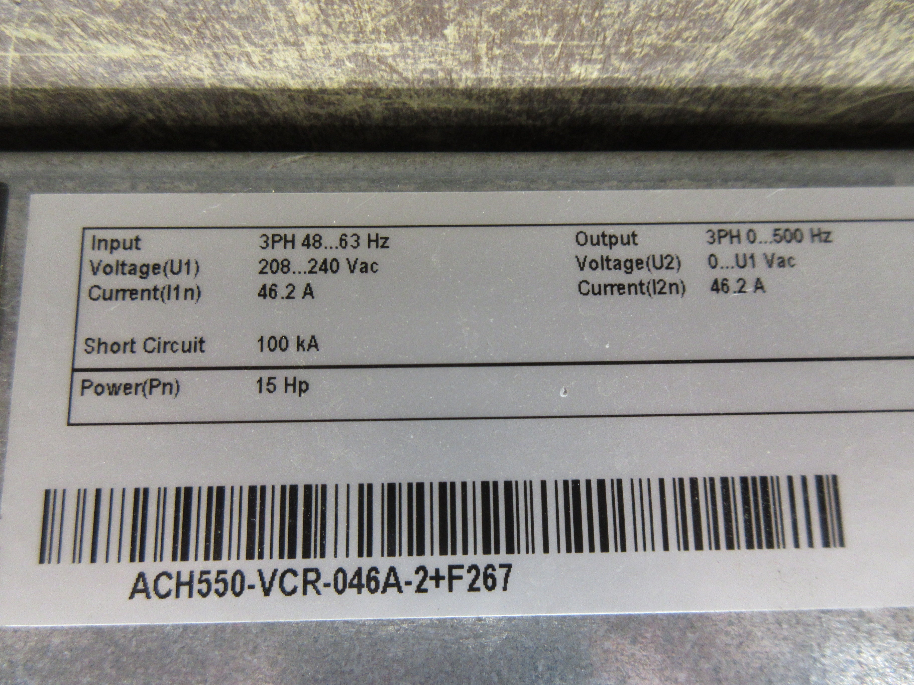 ABB ACH550 AC Drive w/ Bypass ACH550-VCR-046A-F267 15HP 3Ph w/ Keypad Used