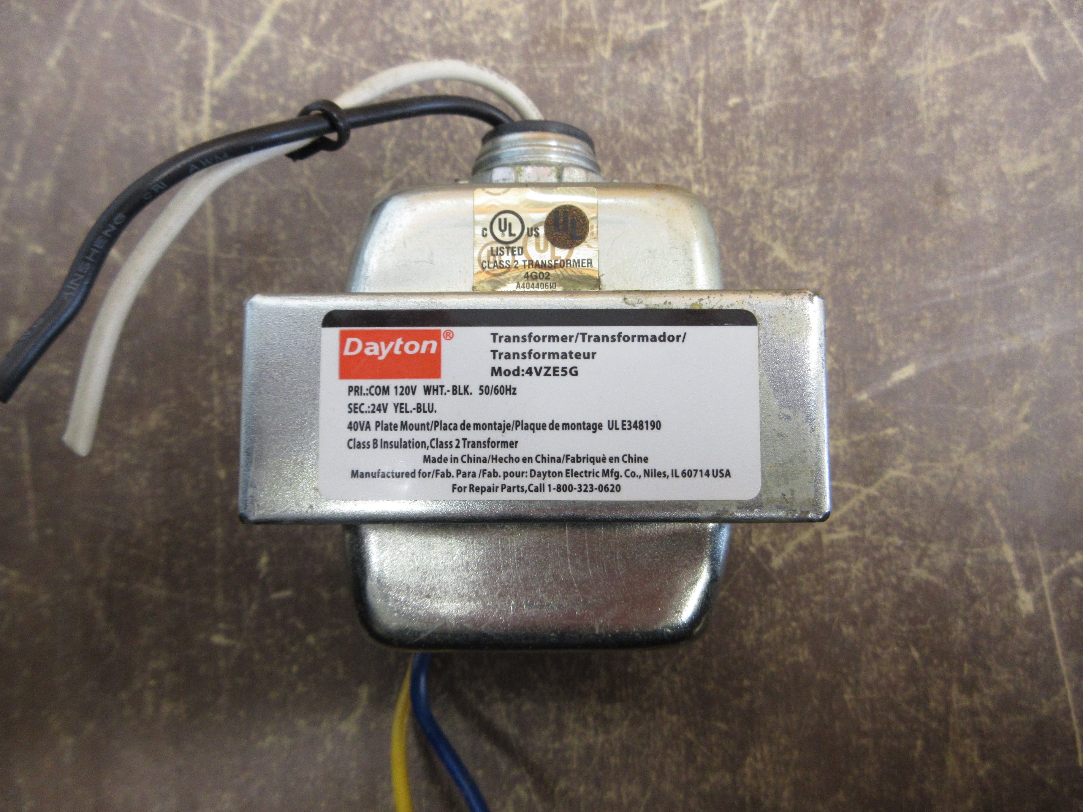 Dayton Transformer 4VZE5G 40VA Pri: 120V Sec: 24V 50/60Hz Used