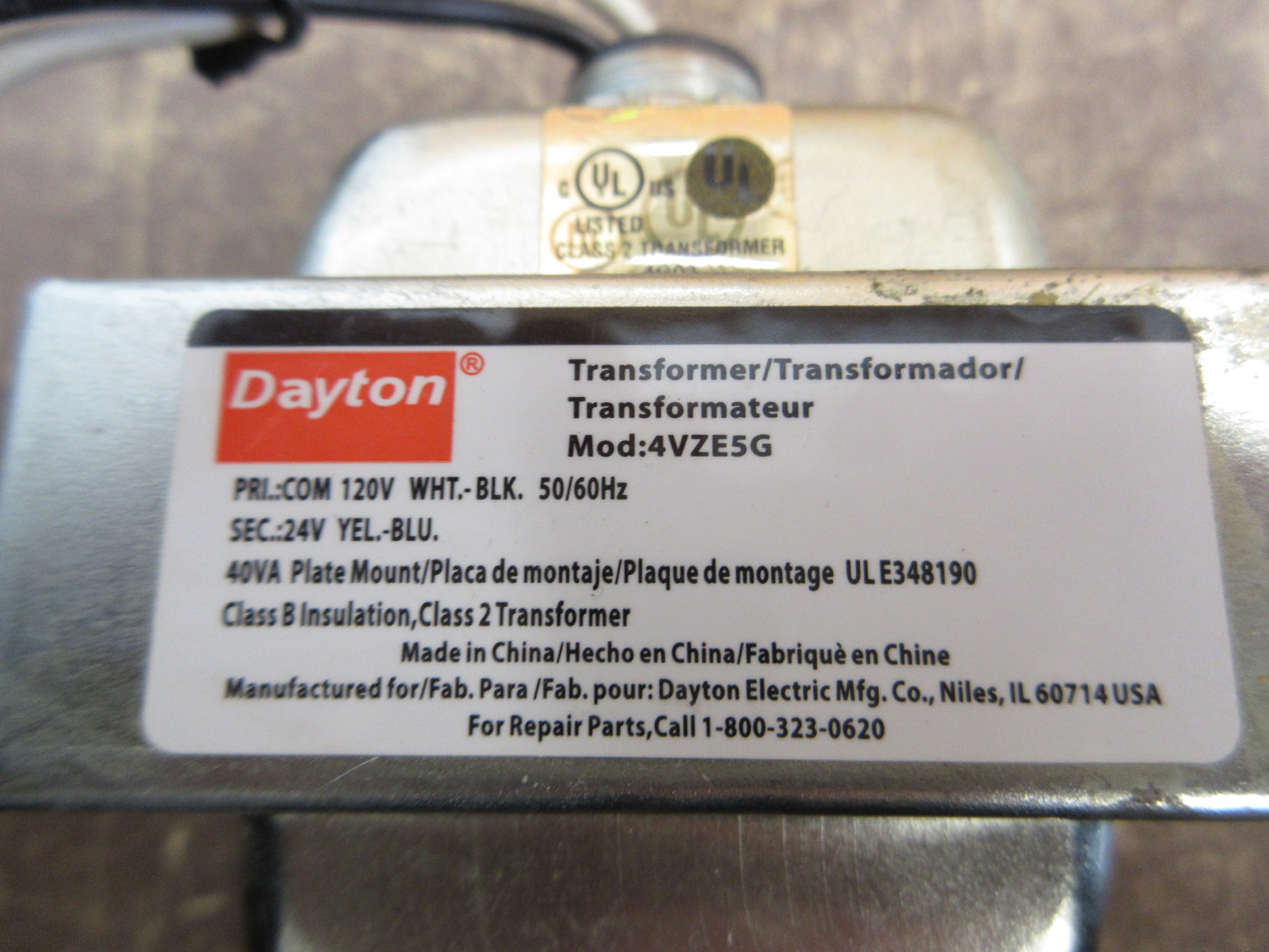 Dayton Transformer 4VZE5G 40VA Pri: 120V Sec: 24V 50/60Hz Used