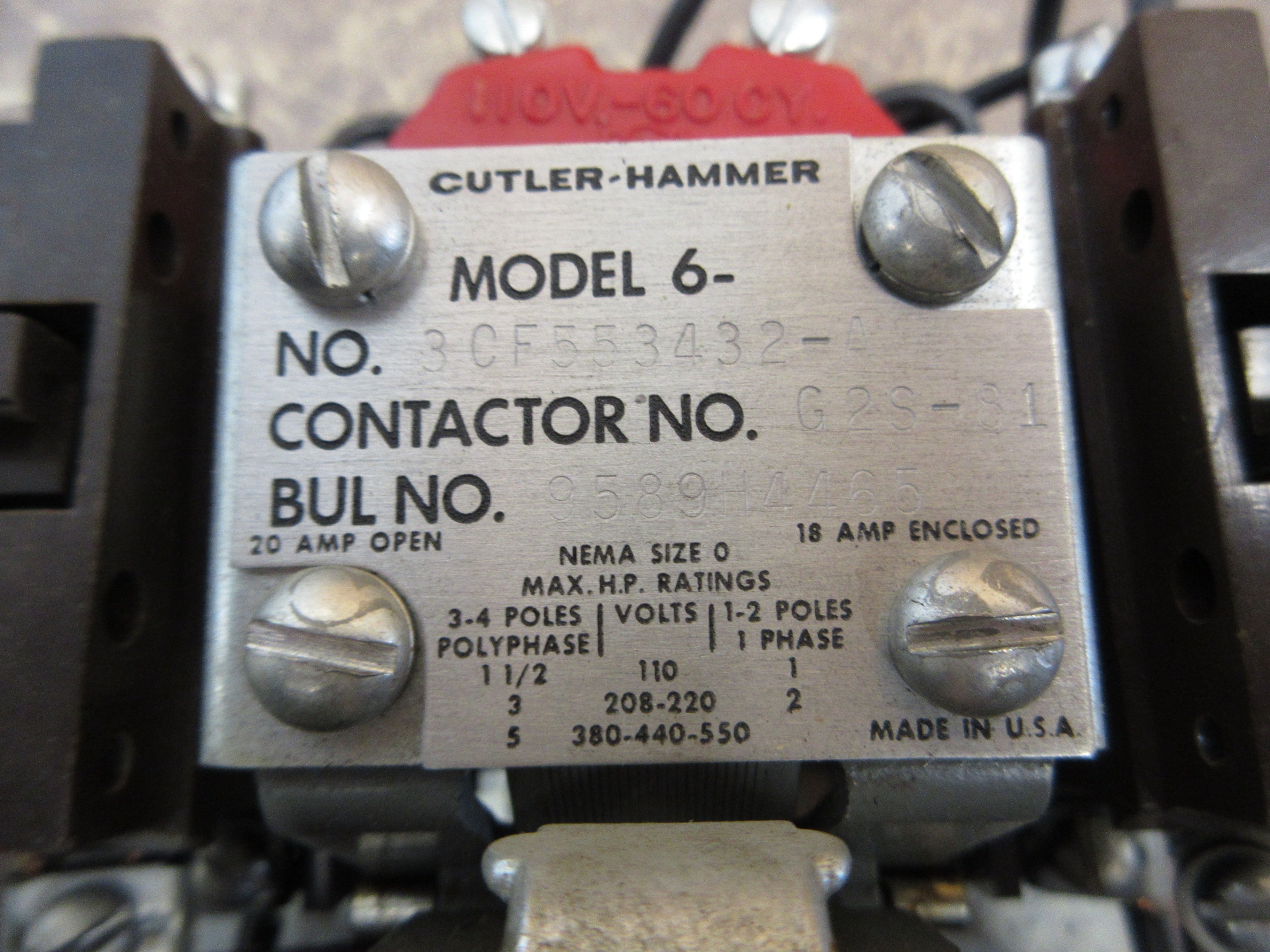 Cutler-Hammer Size 0 Starter 6-3CF553432-A 110V Coil 20A 600V Used