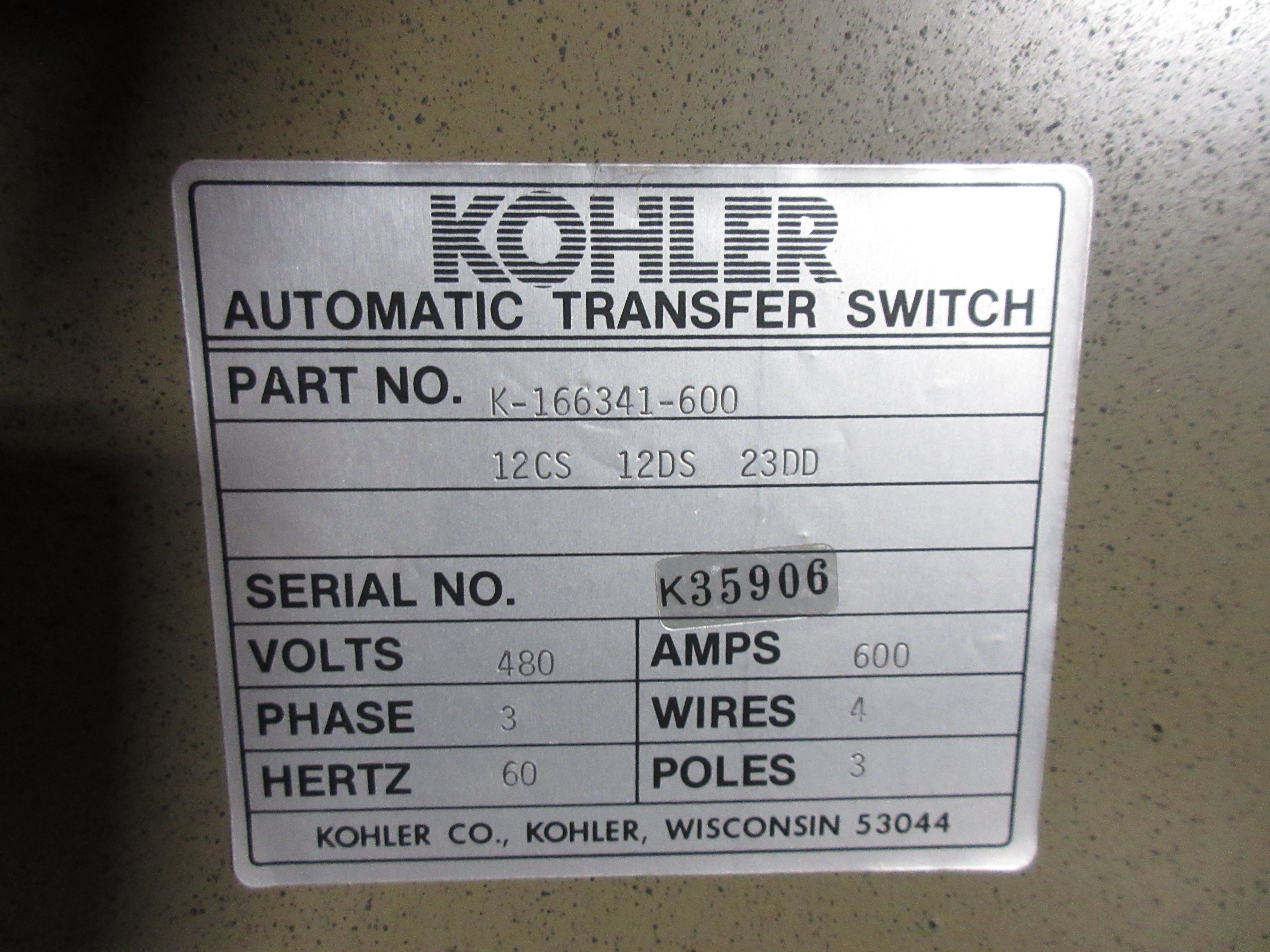 Kohler Automatic Transfer Switch K-166341-600 480V 600A 3P 4W 60Hz 3P Used