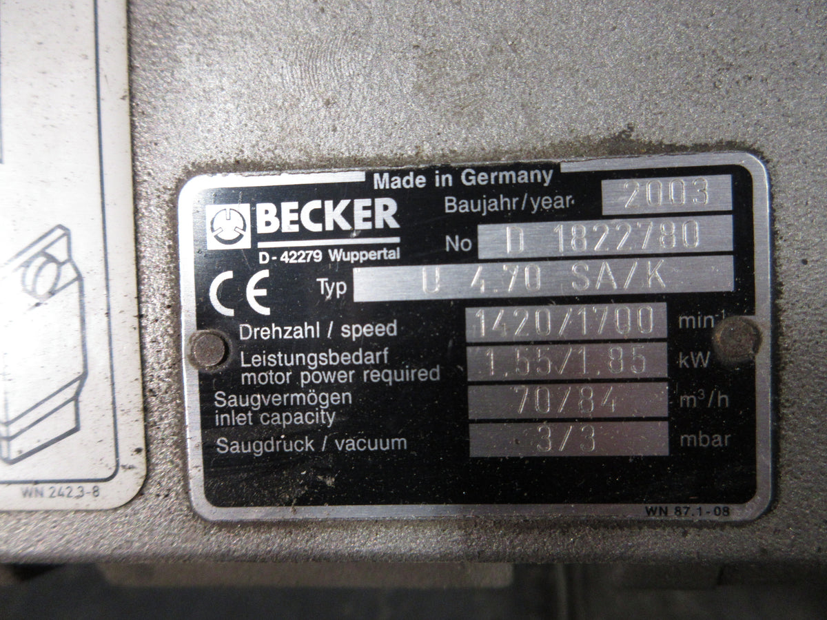 Becker Rotary Vane Vacuum Pump U 4.70 SA/K 1.85kW 1700RPM 84 no 3/h 3mbar Used