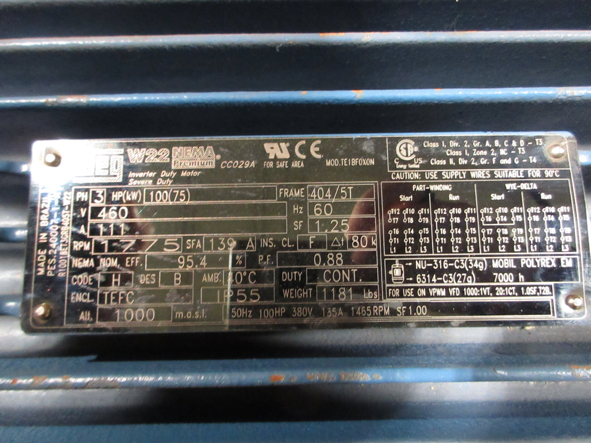 WEG Motor R10018ET3GRB405T-W22 100HP 1800RPM 460V 111A 3Ph 60Hz New Surplus