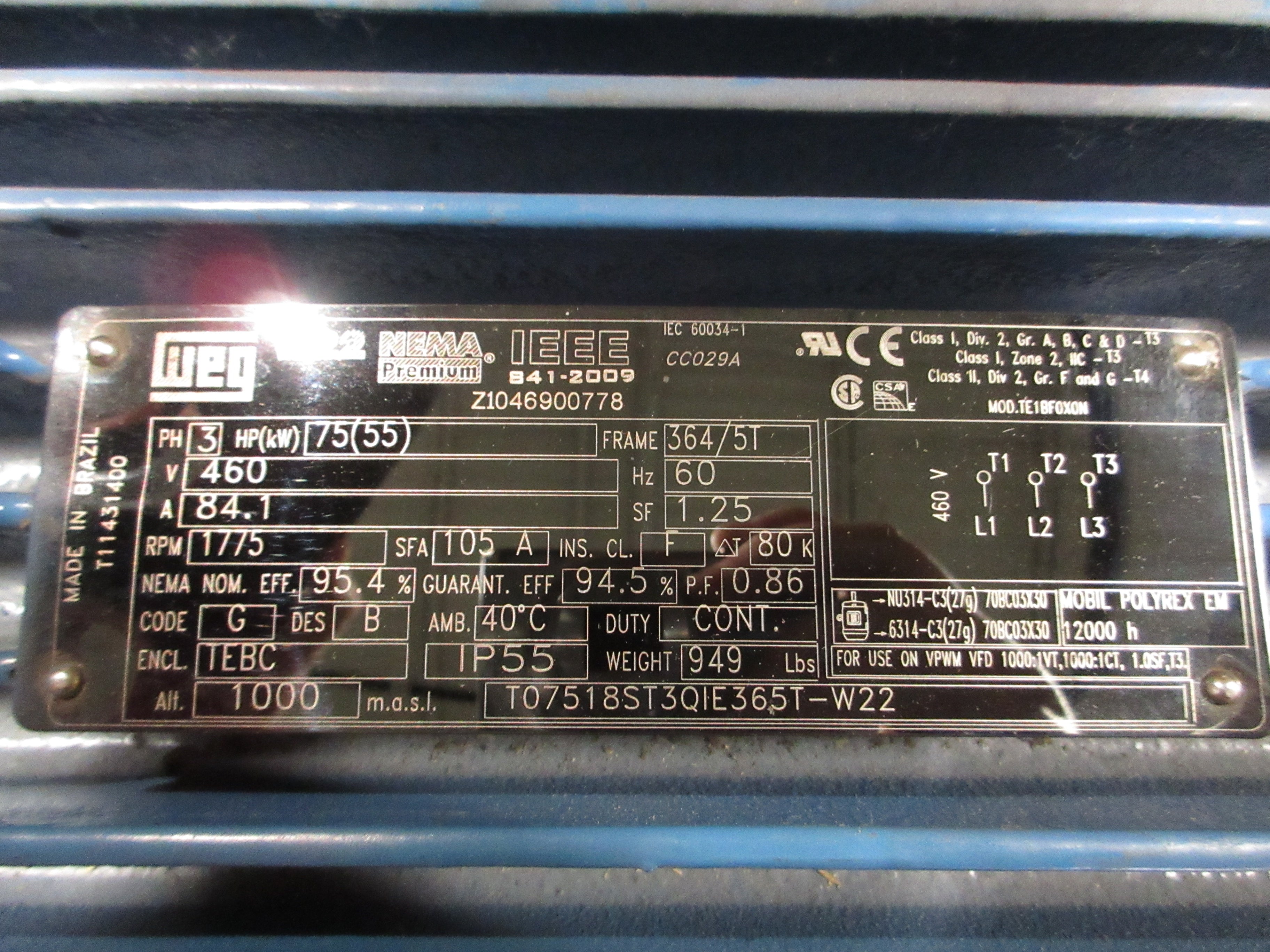 WEG Motor T07518ST3QIE365T-W22 75HP 1800RPM 460V 84.1A 3Ph 60Hz New Surplus