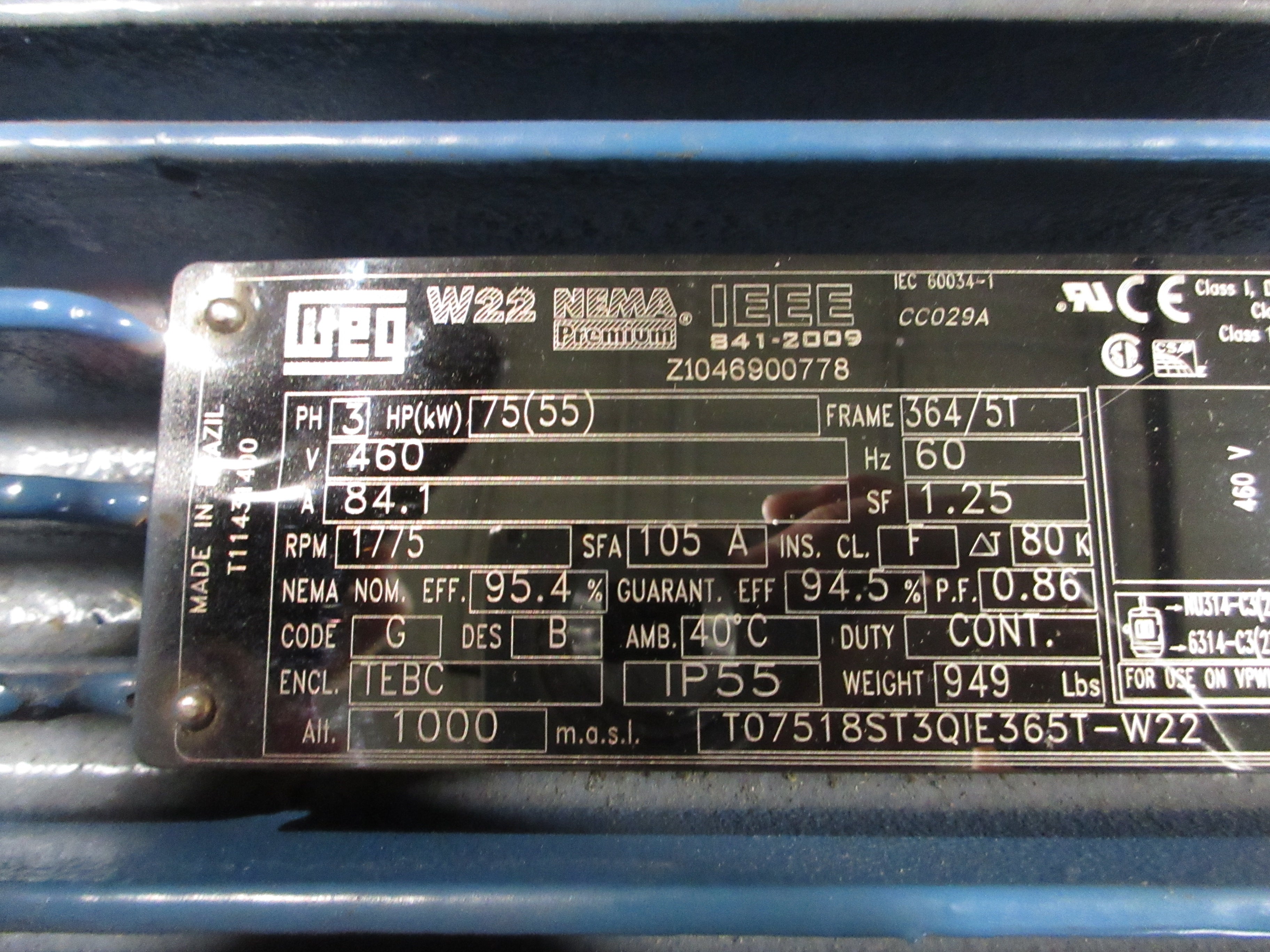 WEG Motor T07518ST3QIE365T-W22 75HP 1800RPM 460V 84.1A 3Ph 60Hz New Surplus