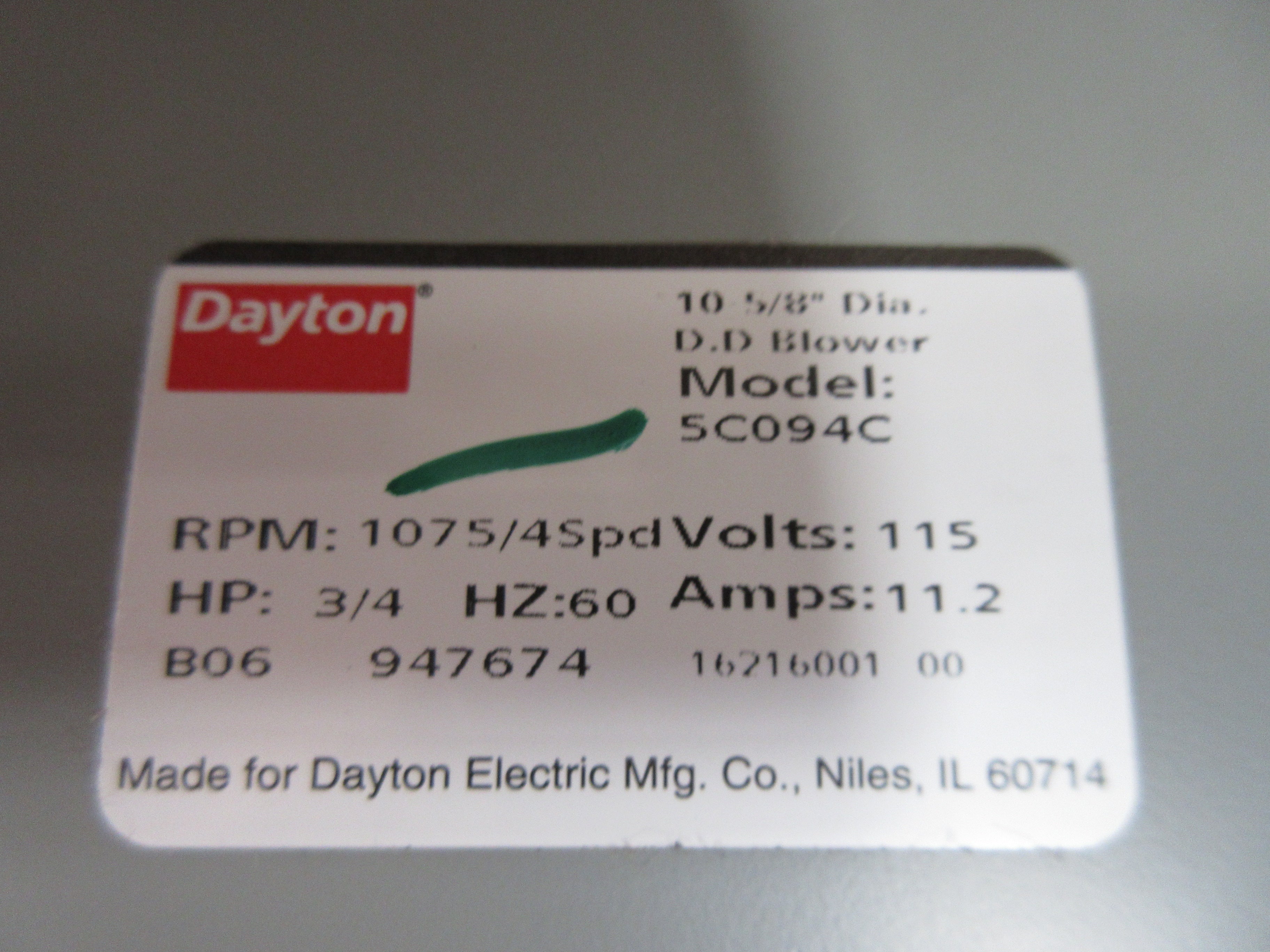 Dayton Blower 5C094C 3/4HP 115V 60Hz 11.2A RPM: 1075/4 Spd Used