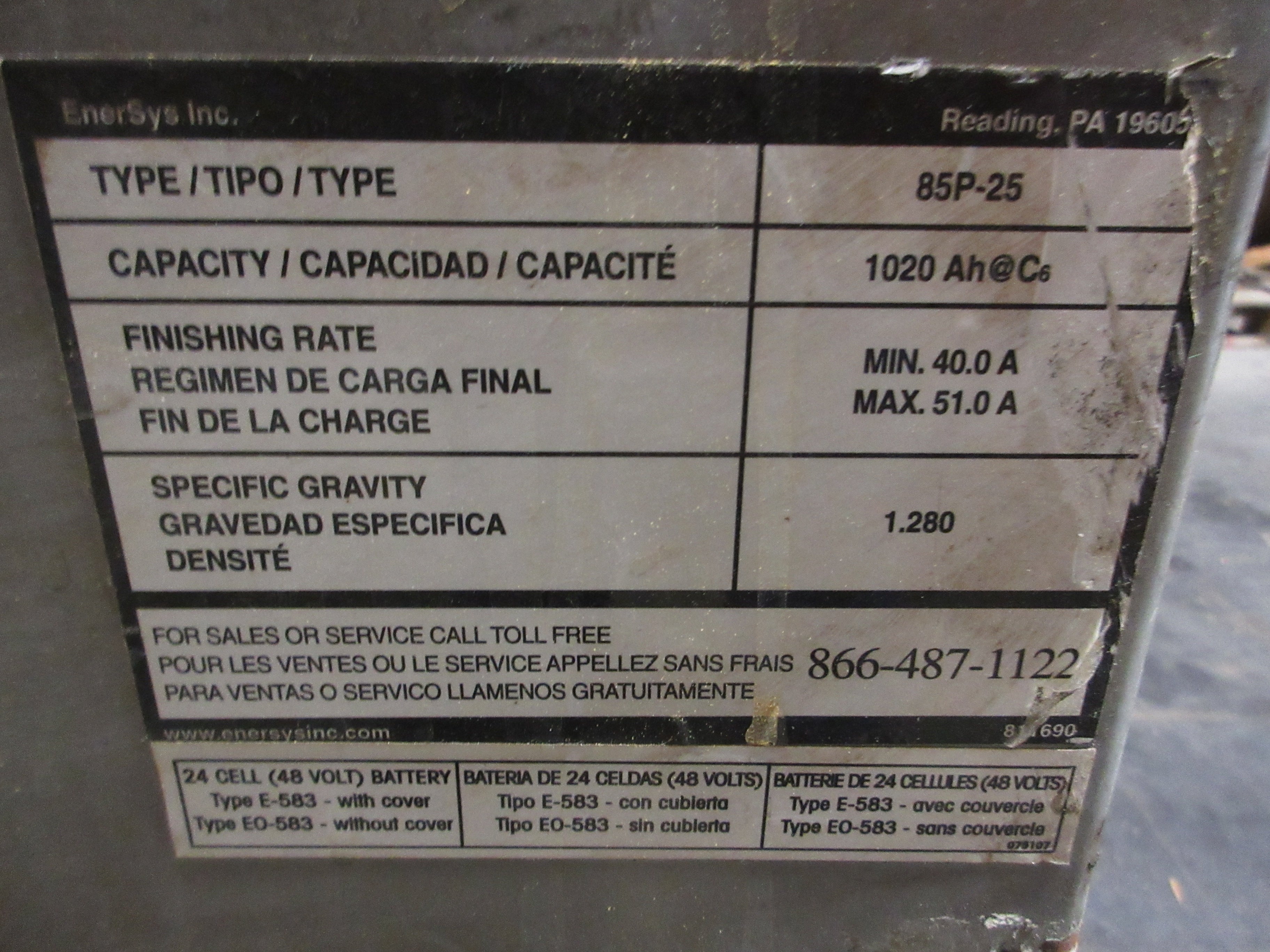 Enersys HUP Battery 85P-25 Capacity: 1020Ah Finishing Rate: 40.0-51.0A 48V Used
