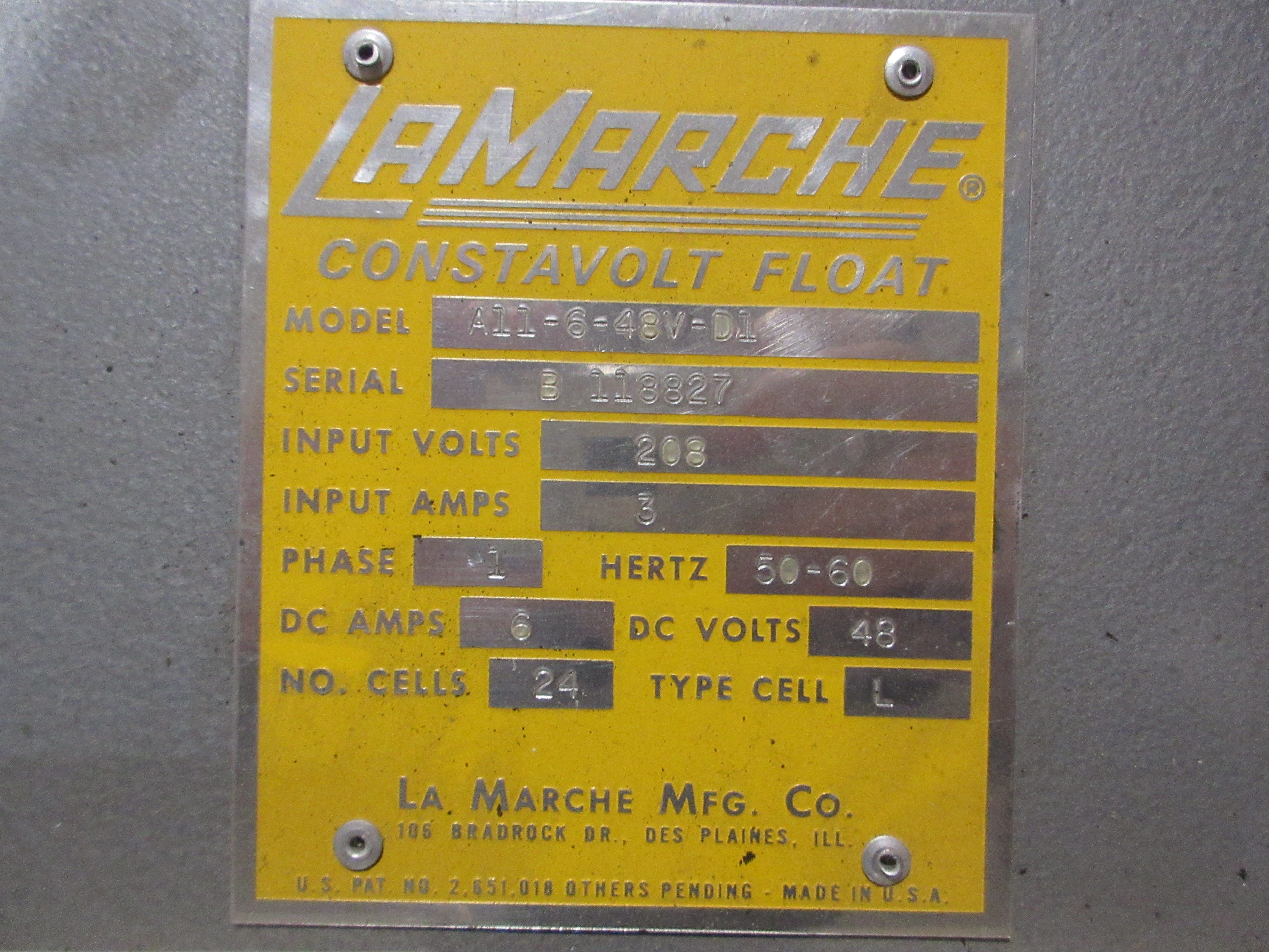La Marche Constavolt Float Battery Charger A11-6-48V-D1 Output: 48VDC 6A Used