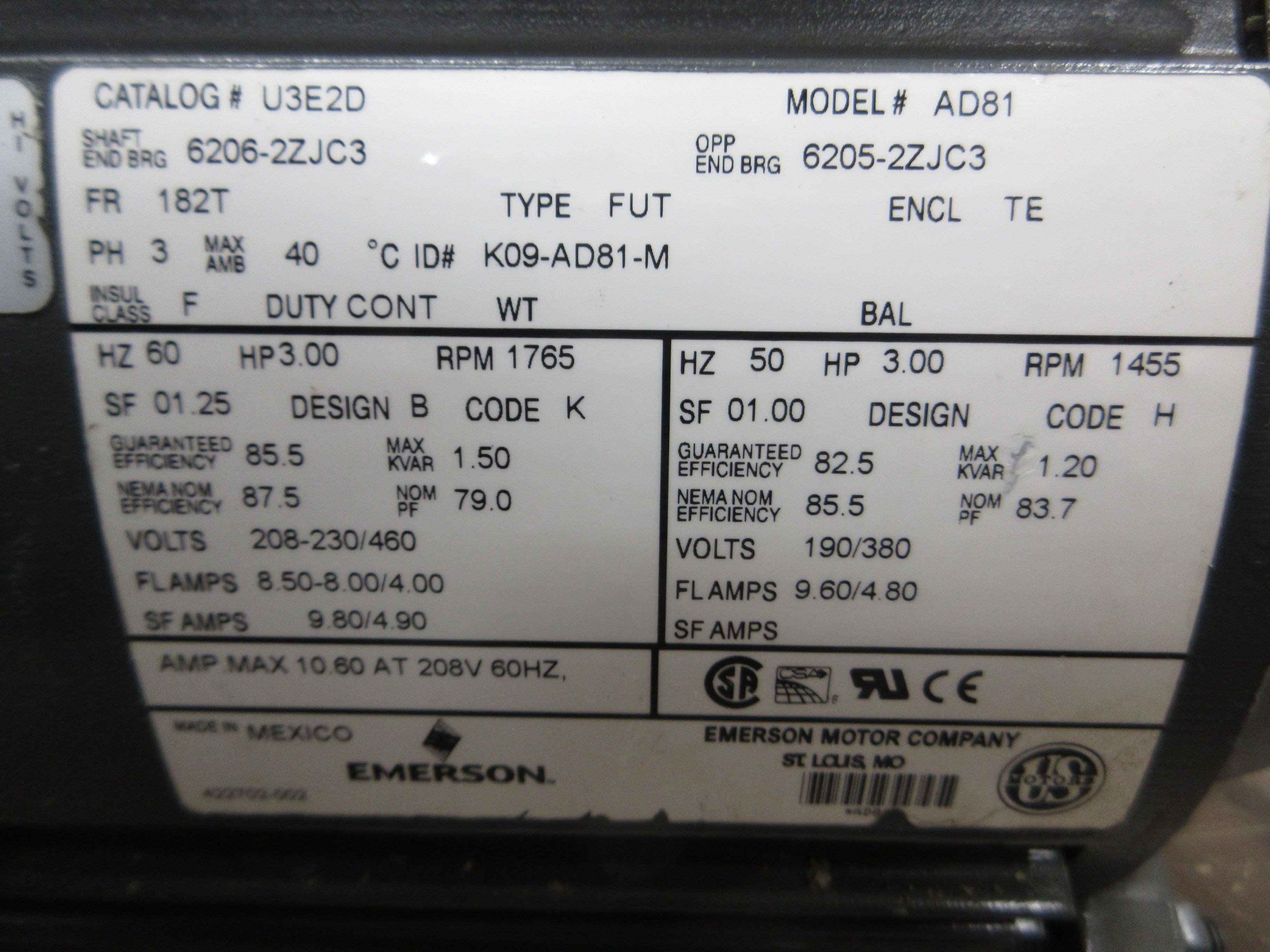 Emerson Motor U3E2D 3HP 1800RPM 208-230/460V 8.50-8.00/4.00A 3Ph 60Hz Used