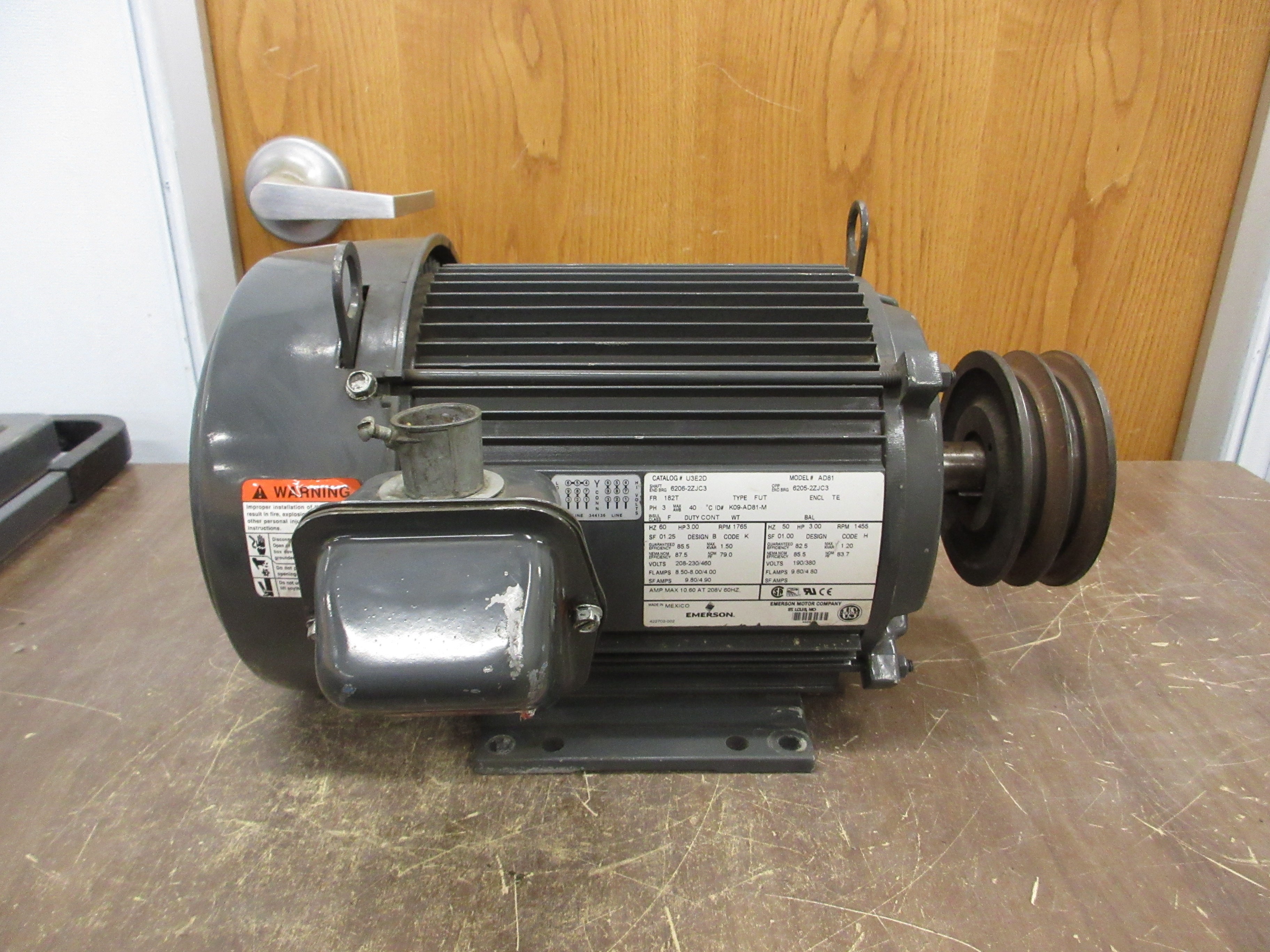 Emerson Motor U3E2D 3HP 1800RPM 208-230/460V 8.50-8.00/4.00A 3Ph 60Hz Used