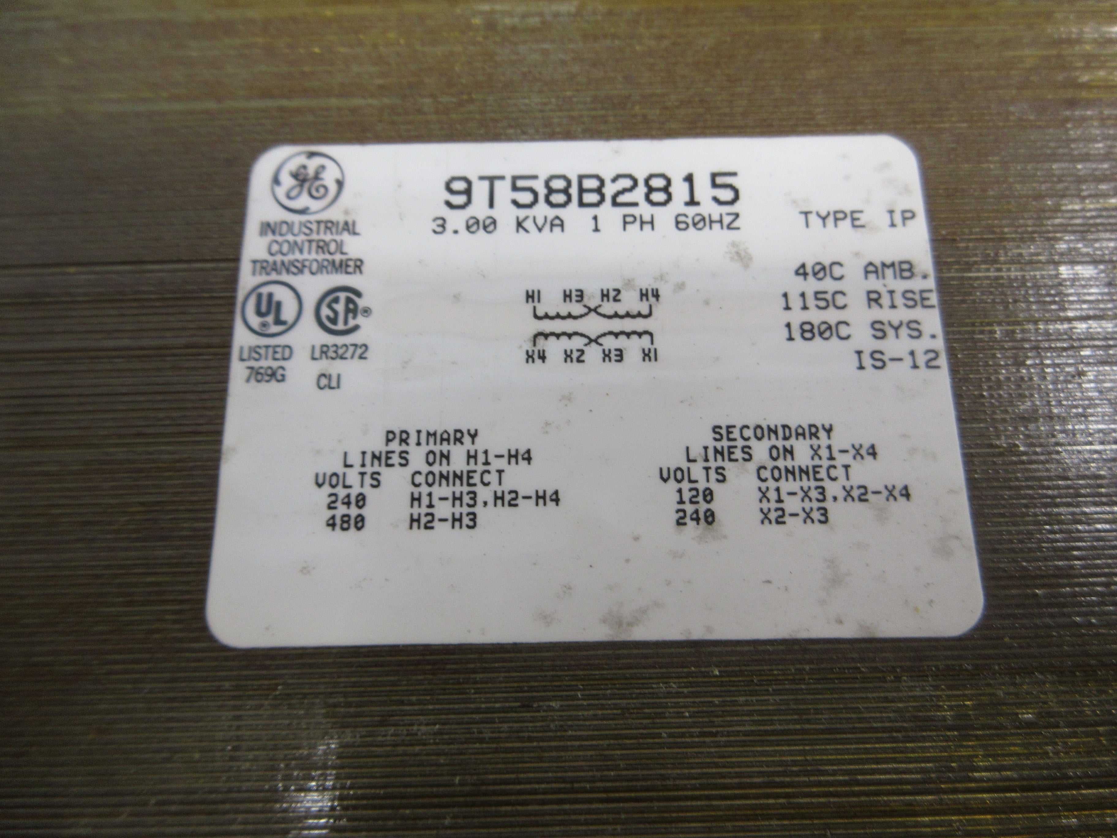 GE Control Transformer 9T58B2815 3kVA Pri: 240/480V Sec: 120/240V 1Ph 60Hz Used