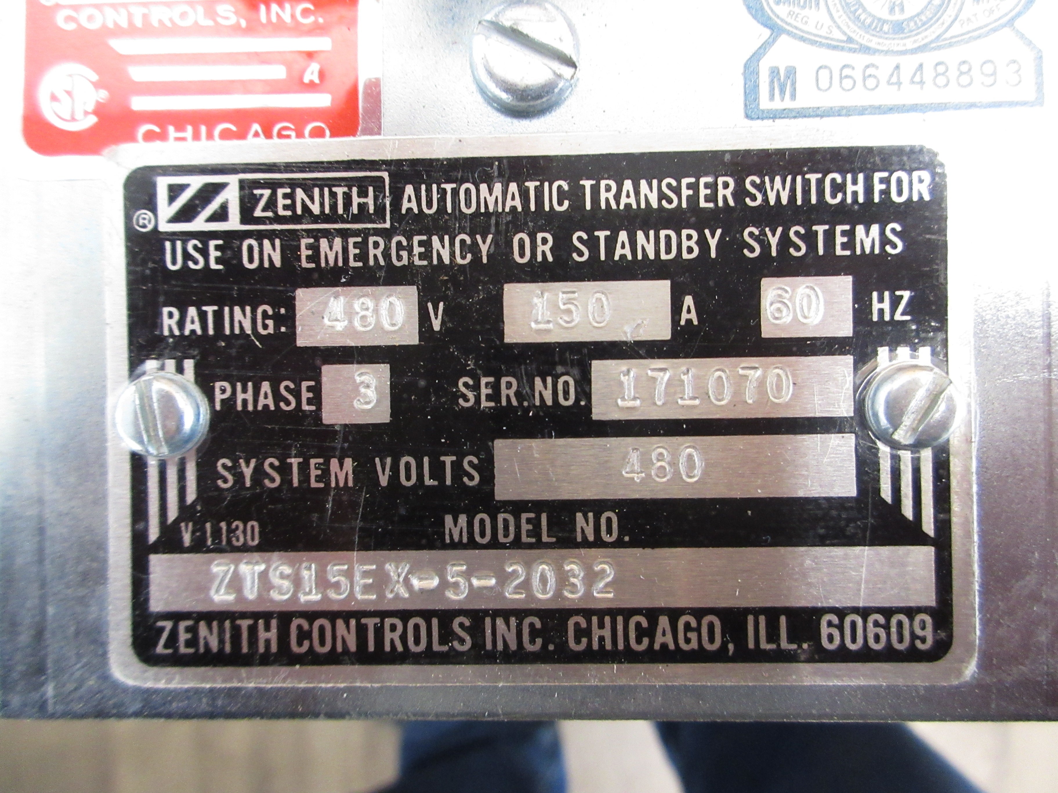 Zenith Automatic Transfer Switch ZTS15EX-5-2032 480V 150A 60Hz 3Ph *Switch Only*