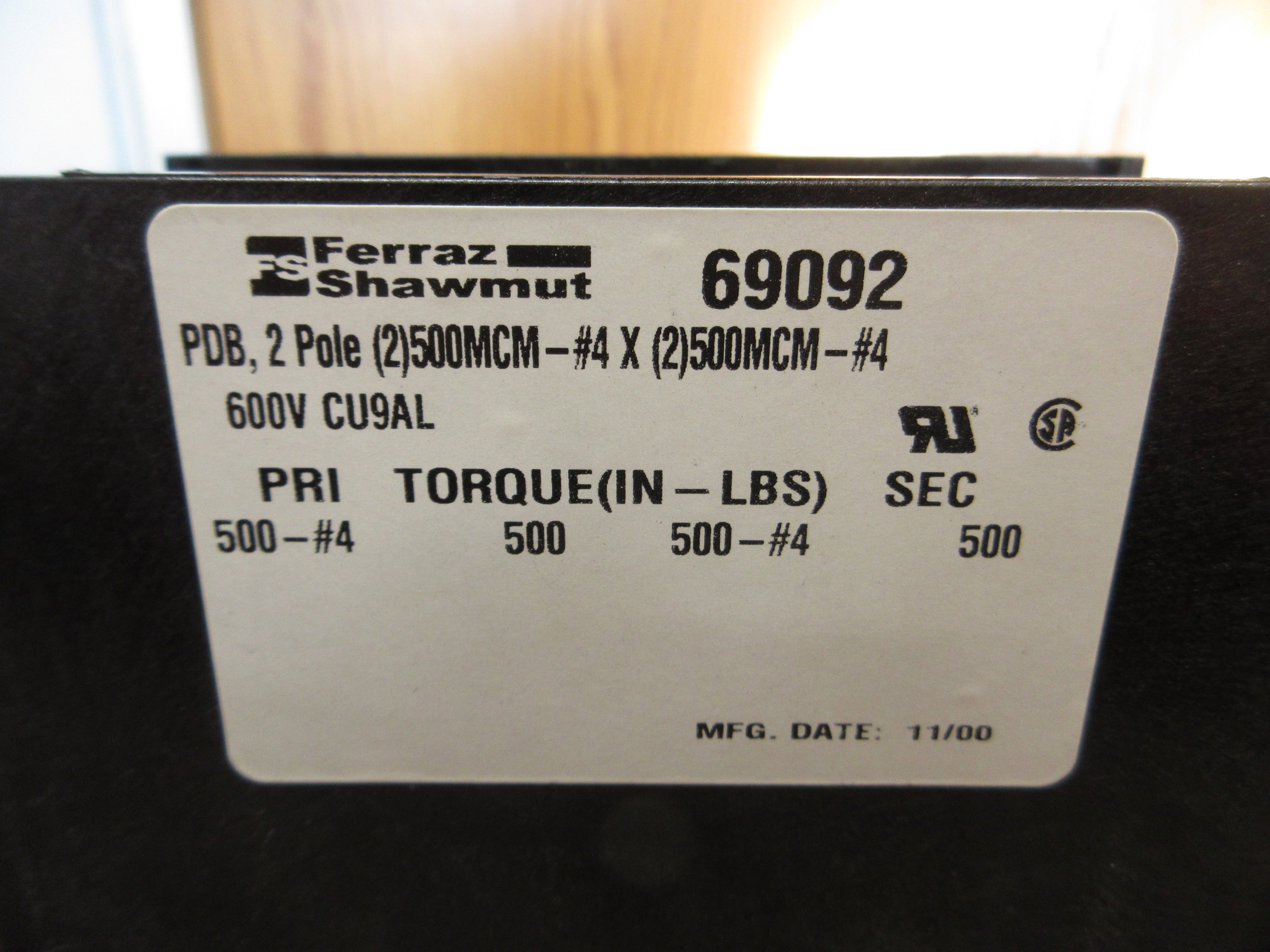 Ferraz Shawmut Power Distribution Block 69092 1P 600V Line: 500-#4 Load: 500-#4