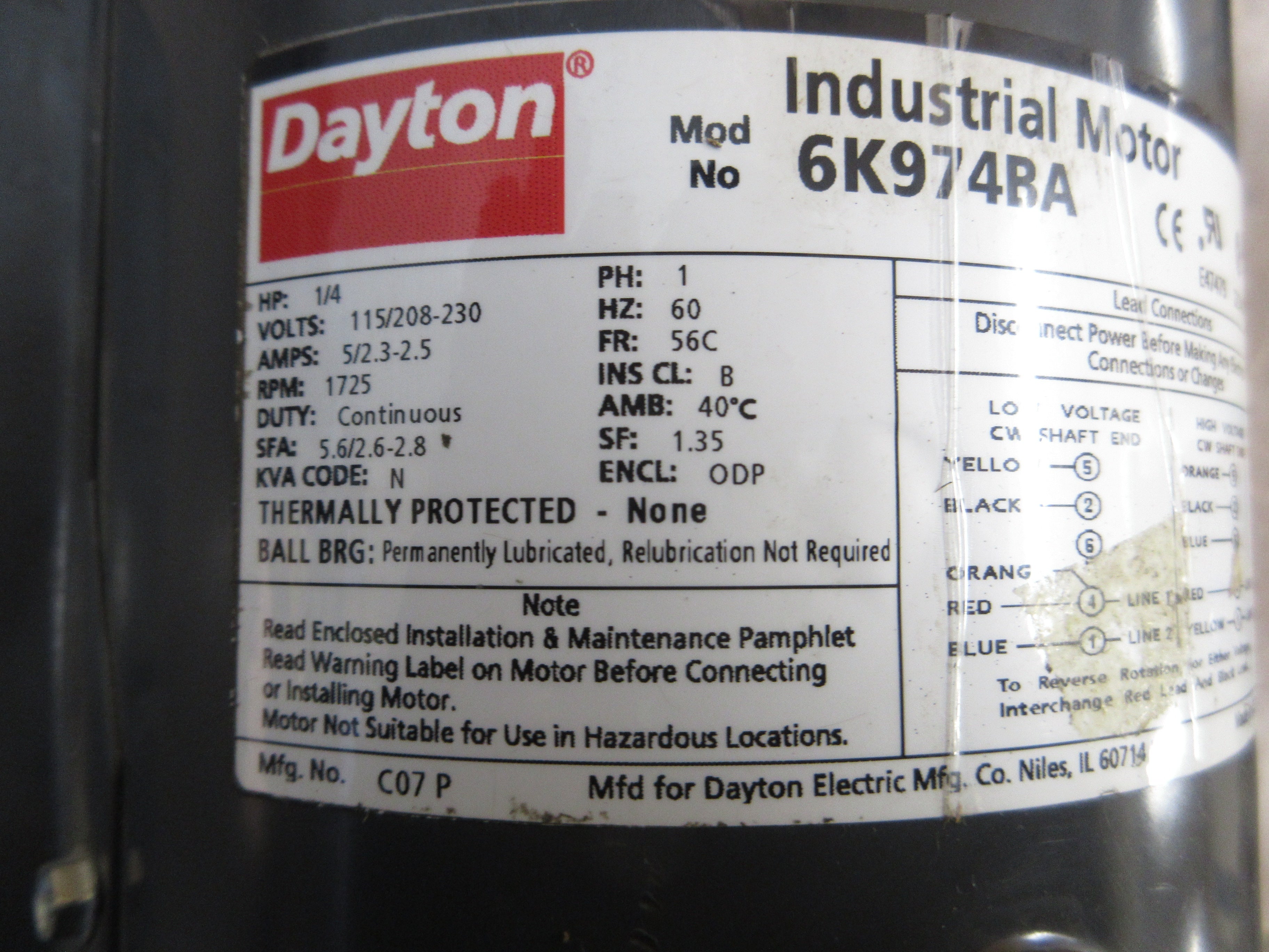 Dayton Motor 6K974BA 1/4HP 1800RPM 115/208-230V 5/2.3-2.5A 1Ph 60Hz Used