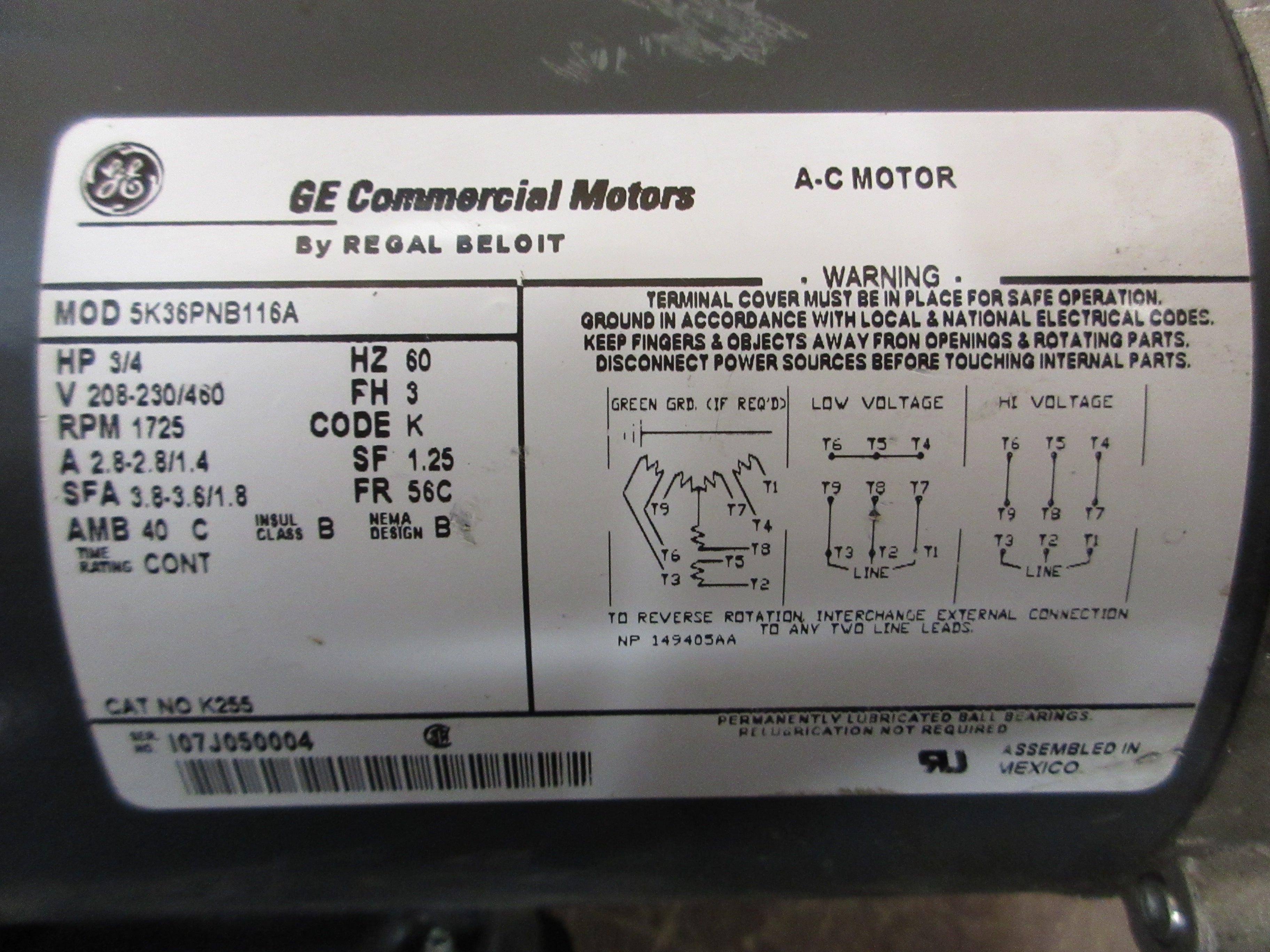GE AC Motor 5K36PNB116A 3/4HP 1800RPM 208-230/460V 2.8/1.4A 3Ph 60Hz Used