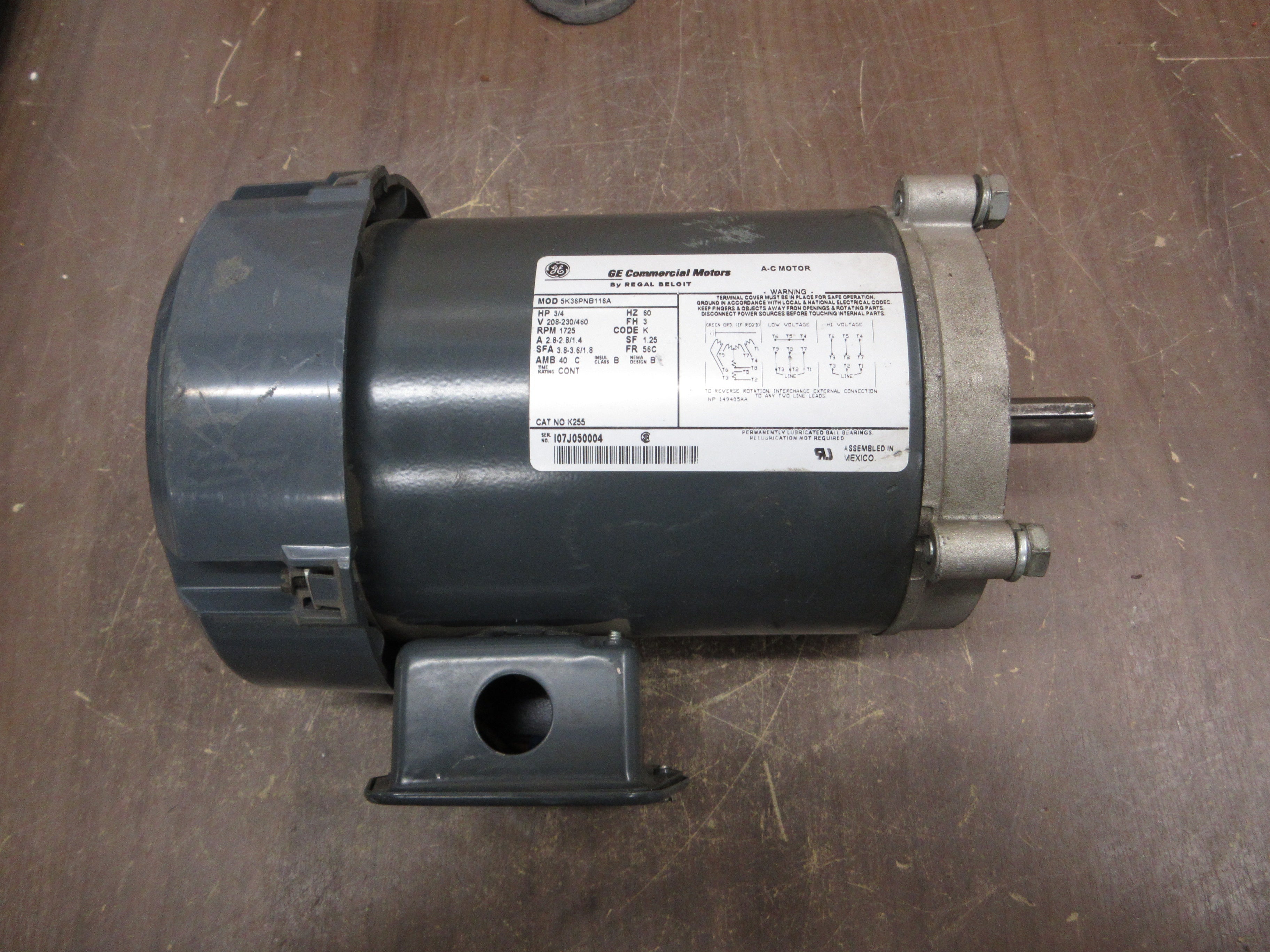 GE AC Motor 5K36PNB116A 3/4HP 1800RPM 208-230/460V 2.8/1.4A 3Ph 60Hz Used
