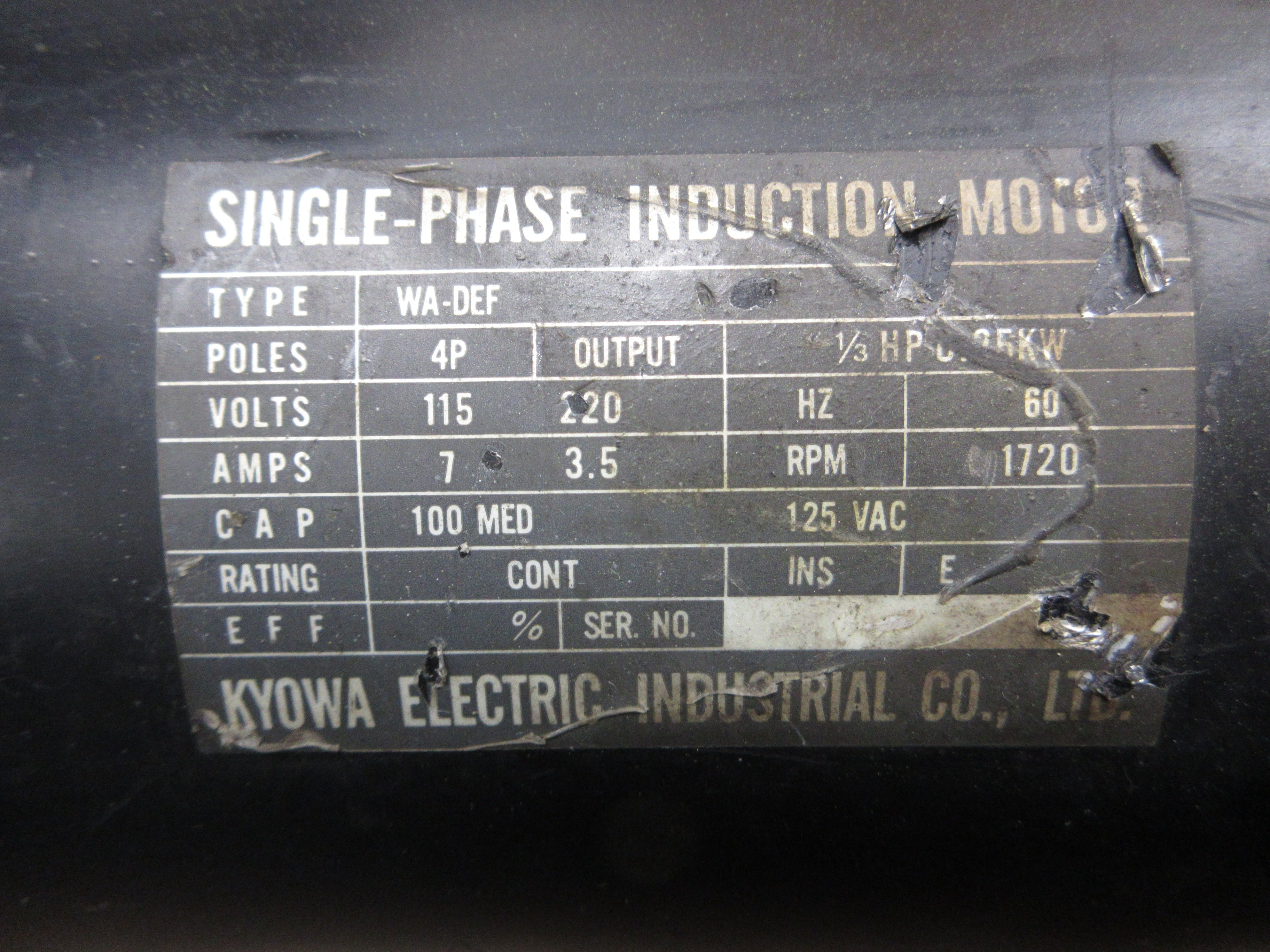 Kyowa Induction Motor WA-DEF 1/3HP 1720RPM 115/220V 7/3.5A 60Hz 1Ph Used