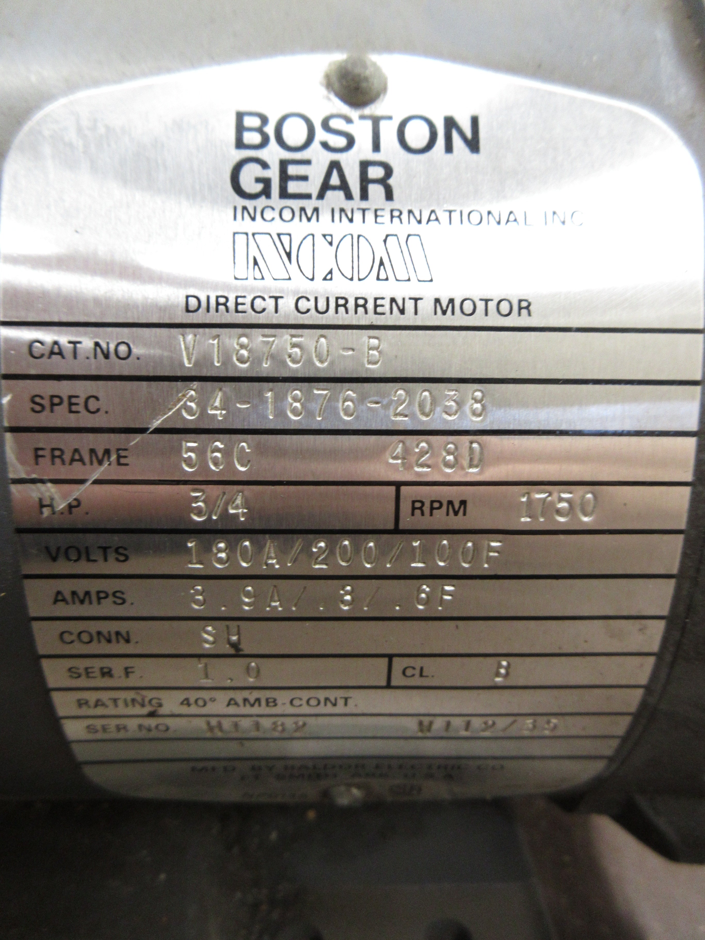 Boston Gear DC Motor V18750-B 3/4HP 1800RPM 1800/200/100V 3.9/0.3/0.6A Used