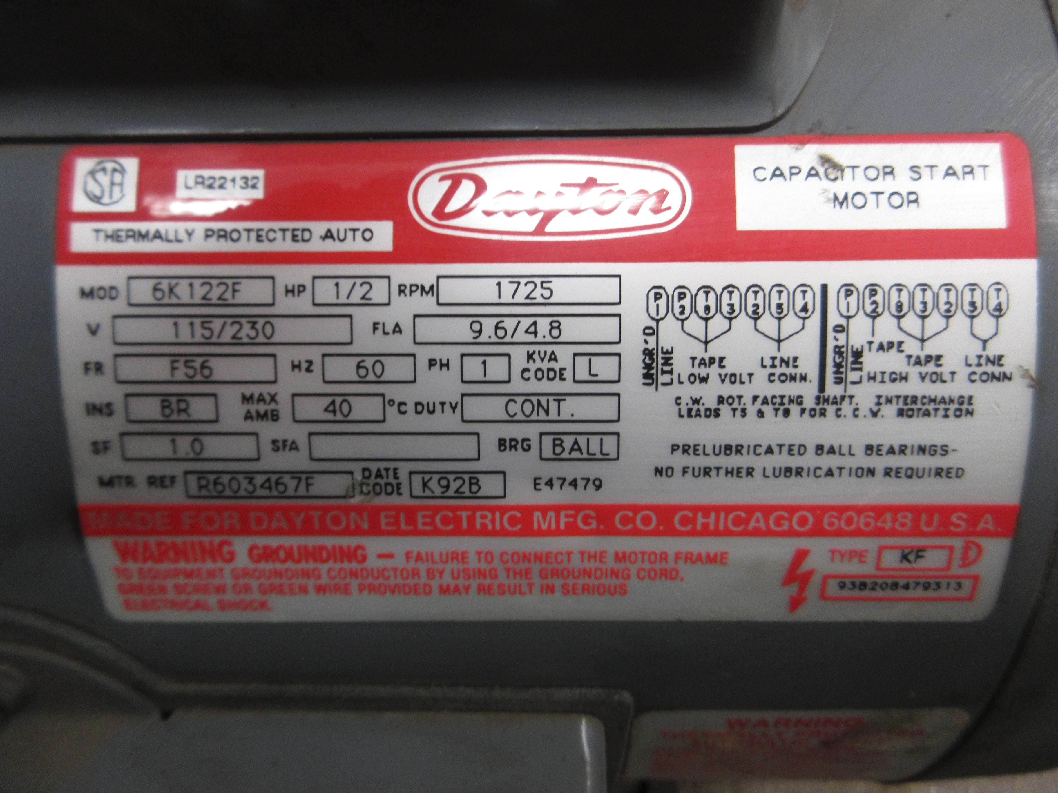 Dayton Motor 6K122F 1/2HP 1800RPM 115/230V 9.6/4.8A 1Ph 60Hz Used