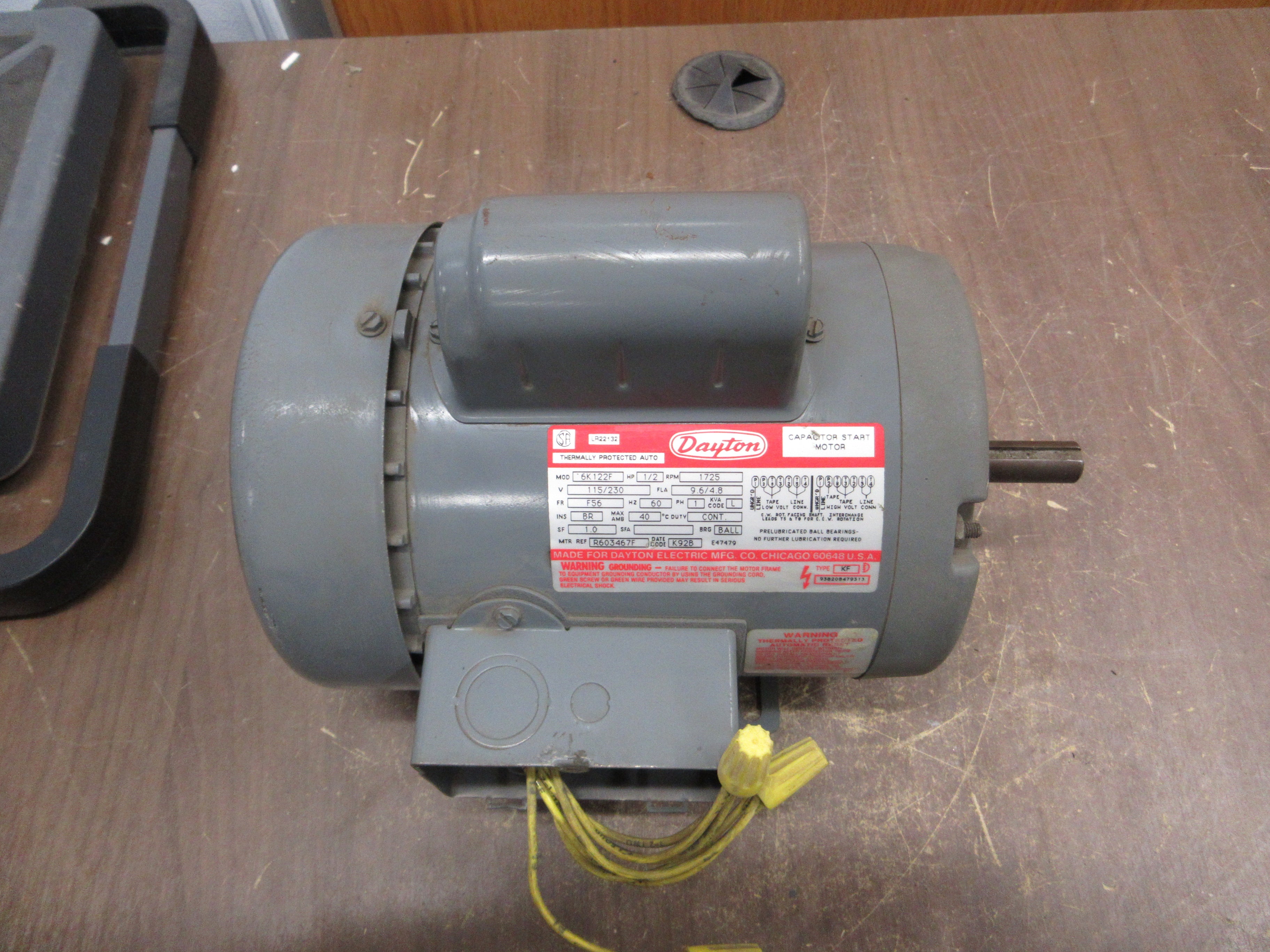 Dayton Motor 6K122F 1/2HP 1800RPM 115/230V 9.6/4.8A 1Ph 60Hz Used
