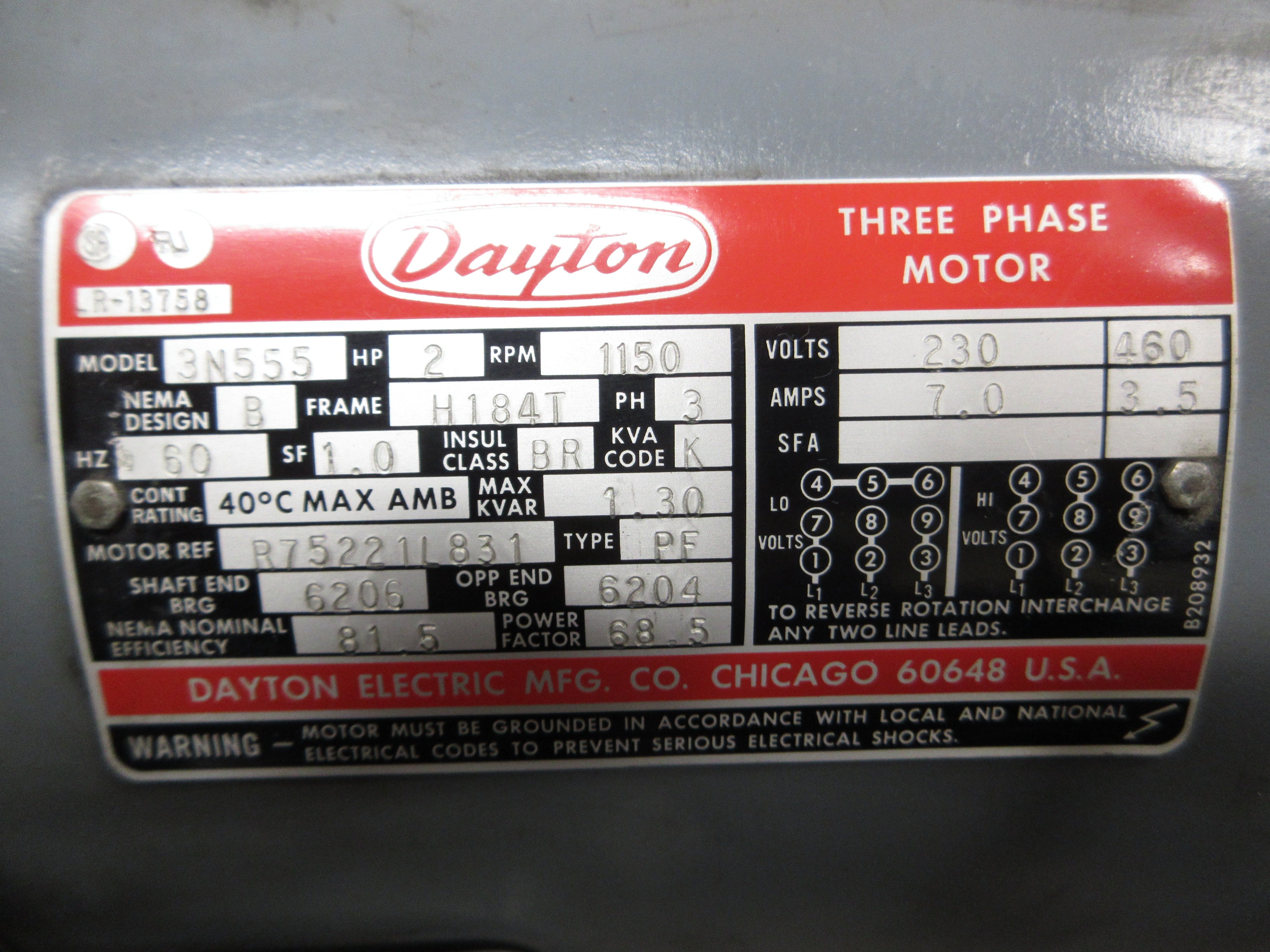 Dayton Motor 3N555 2HP 1200RPM 230/460V 7.0/3.5A 3Ph 60Hz Used