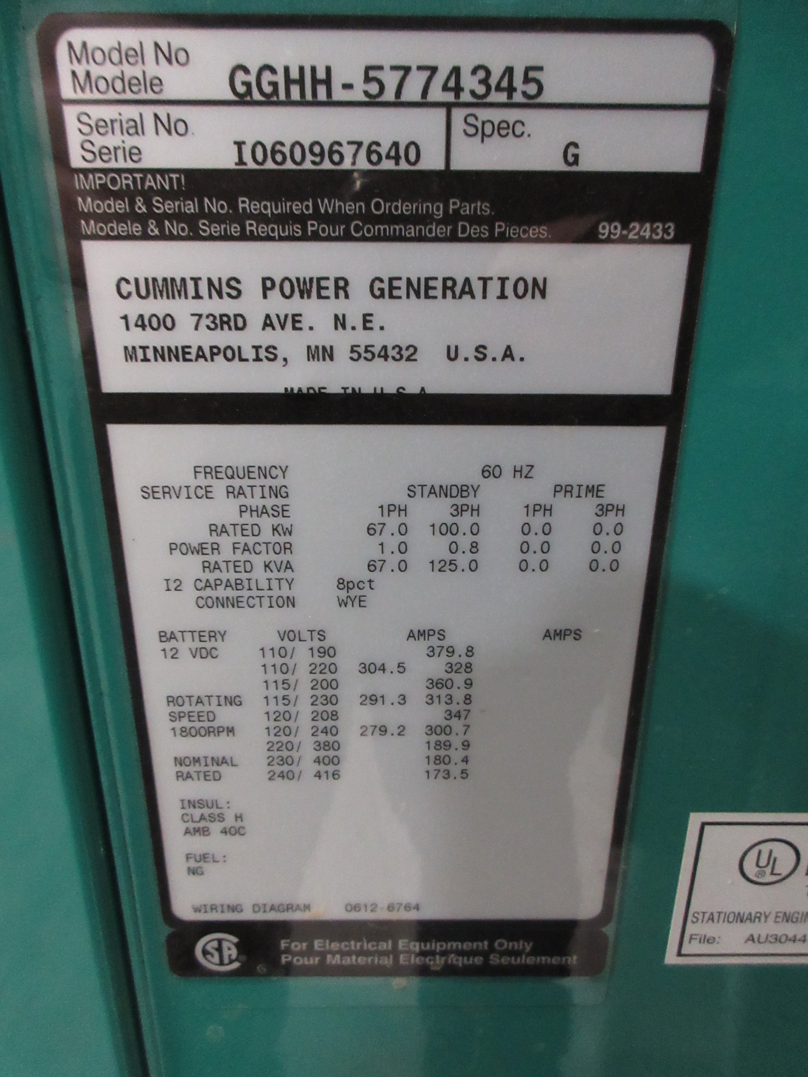 Cummins Natural Gas Generator GGHH-5774345 100kW 60Hz 67kW@1Ph Used