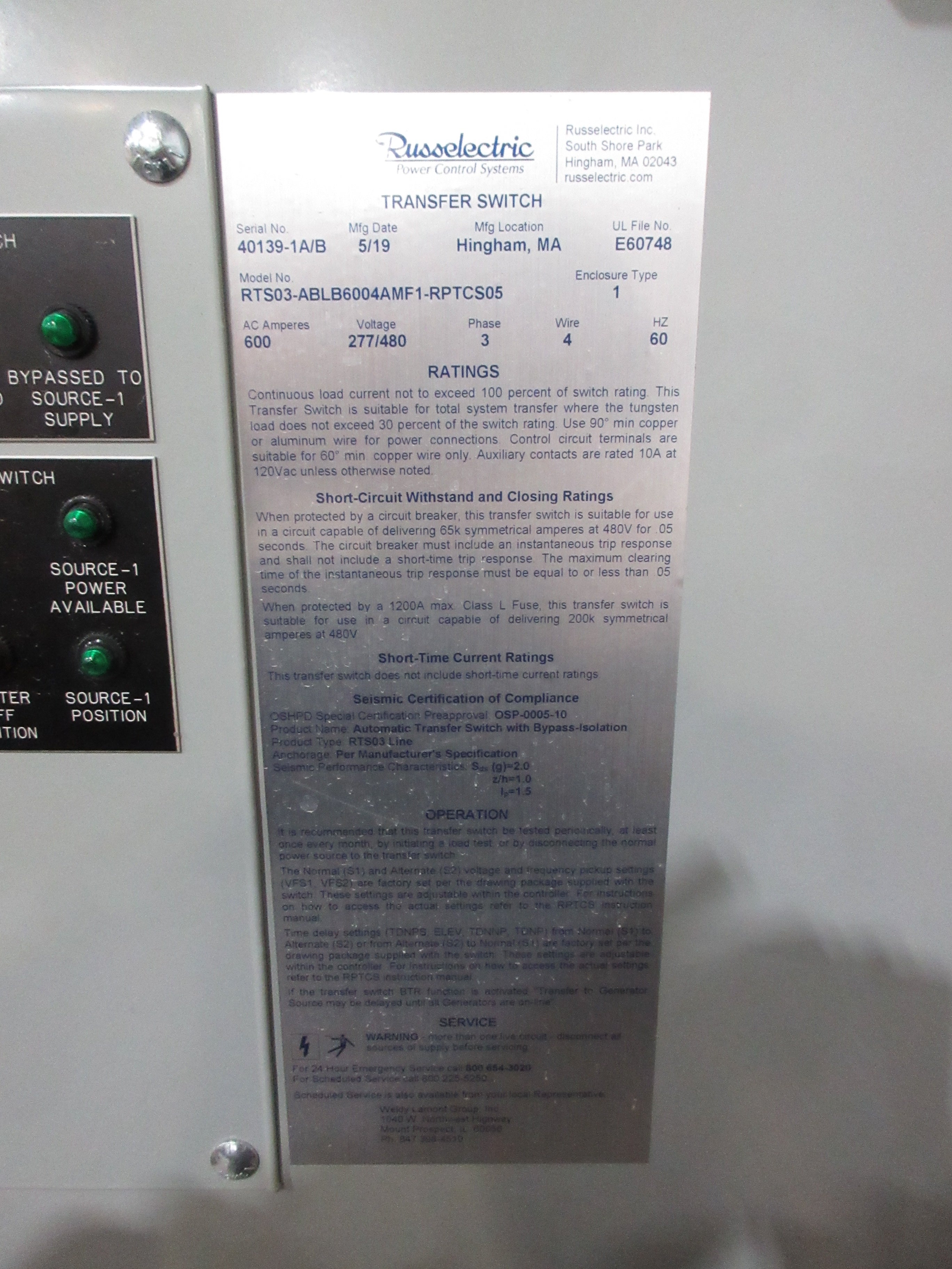 Russelectric Automatic Transfer Switch w/ Bypass RTS03-ABLB6004AMF1-RPTCS05 Used