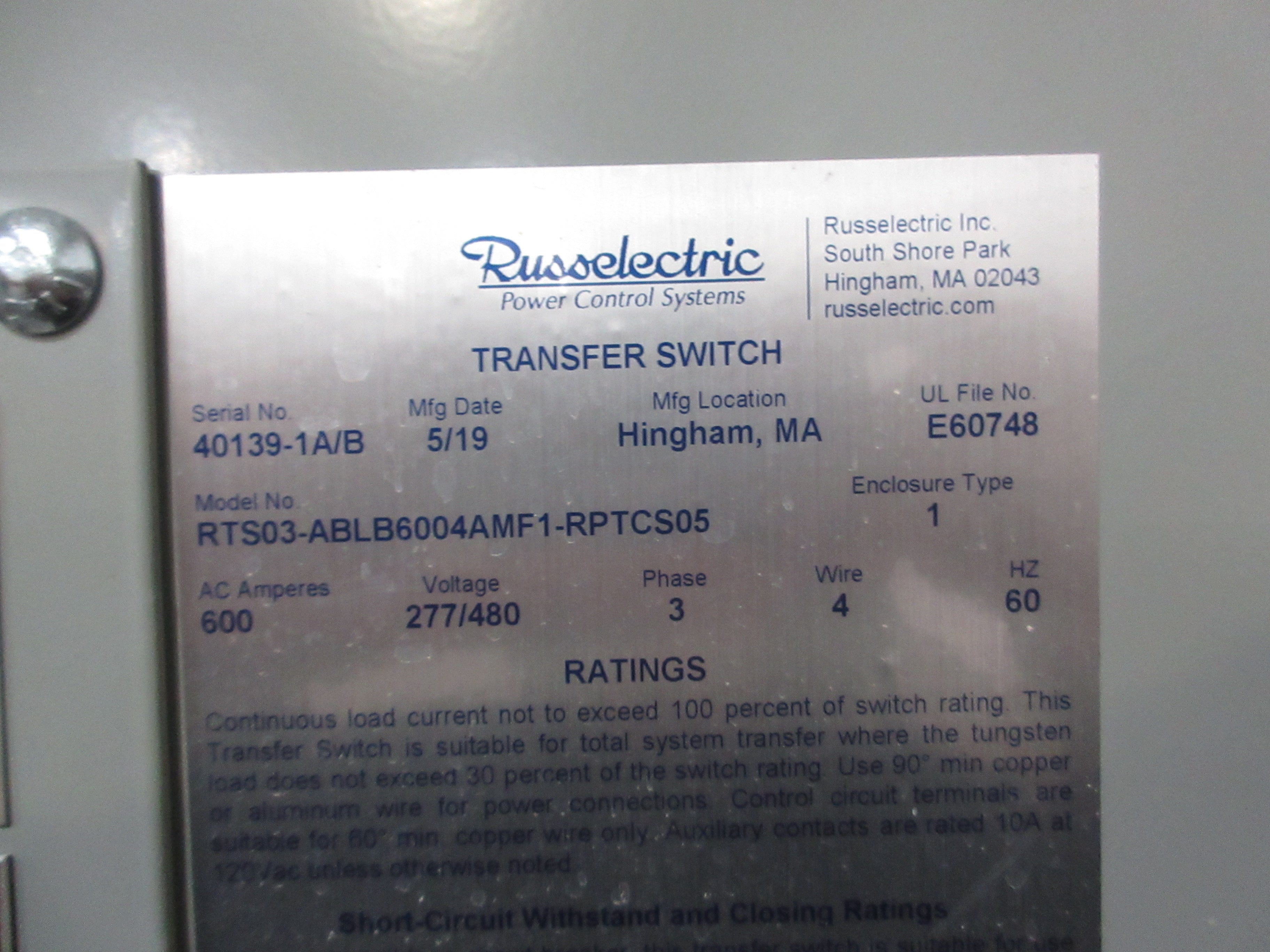 Russelectric Automatic Transfer Switch w/ Bypass RTS03-ABLB6004AMF1-RPTCS05 Used