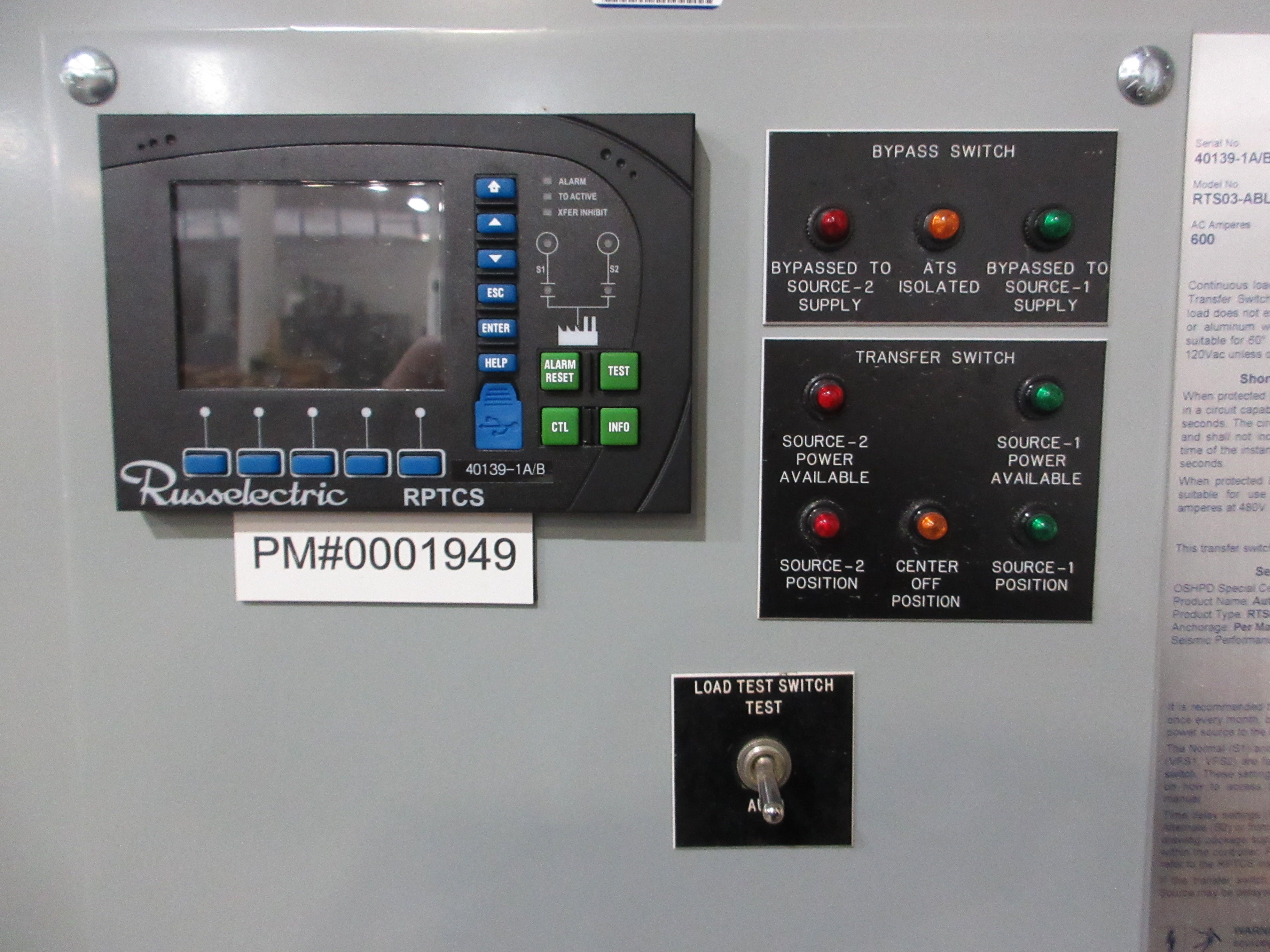 Russelectric Automatic Transfer Switch w/ Bypass RTS03-ABLB6004AMF1-RPTCS05 Used