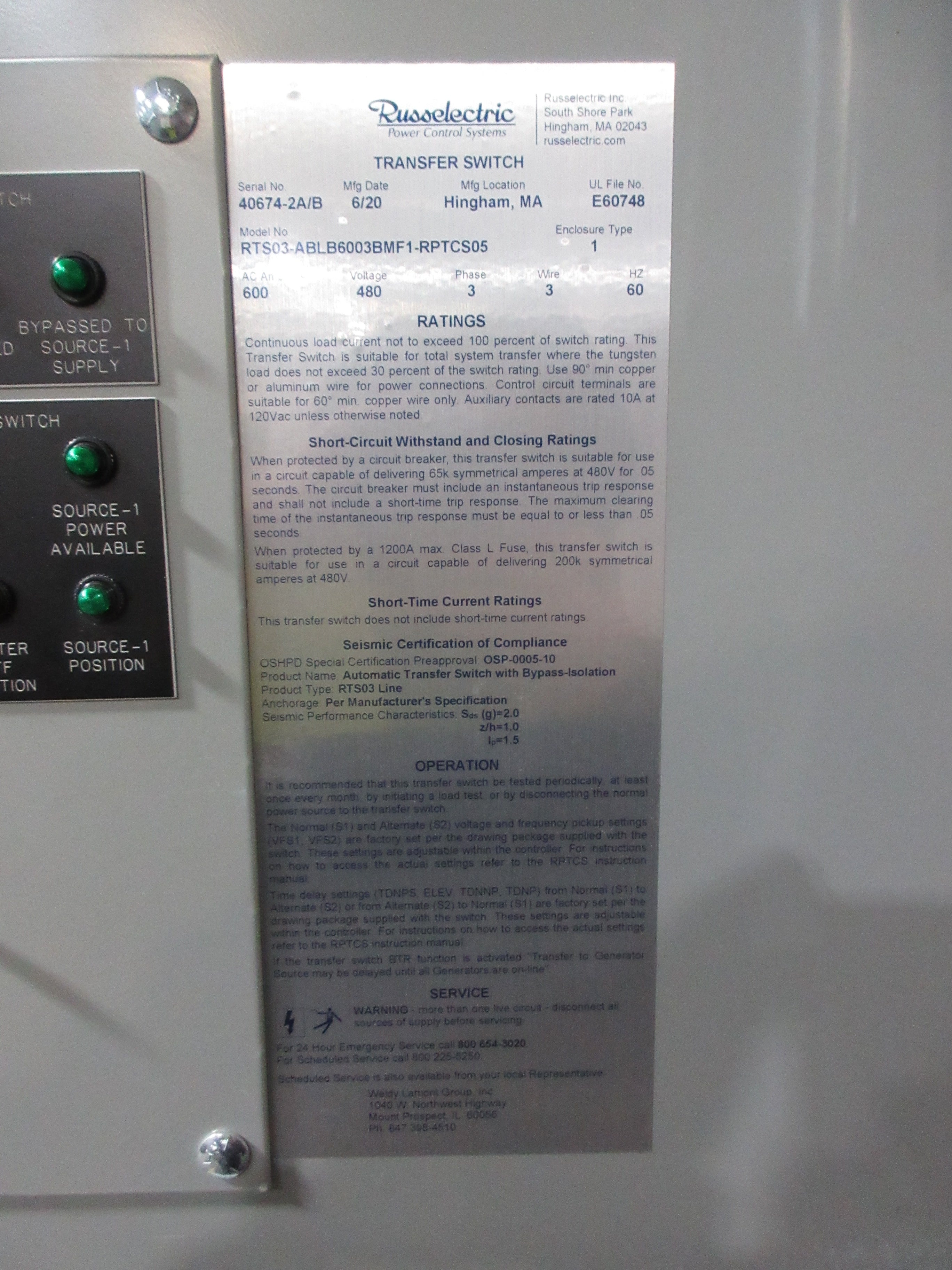 Russelectric Automatic Transfer Switch w/ Bypass RTS03-ABLB6003BMF1-RPTCS05 Used