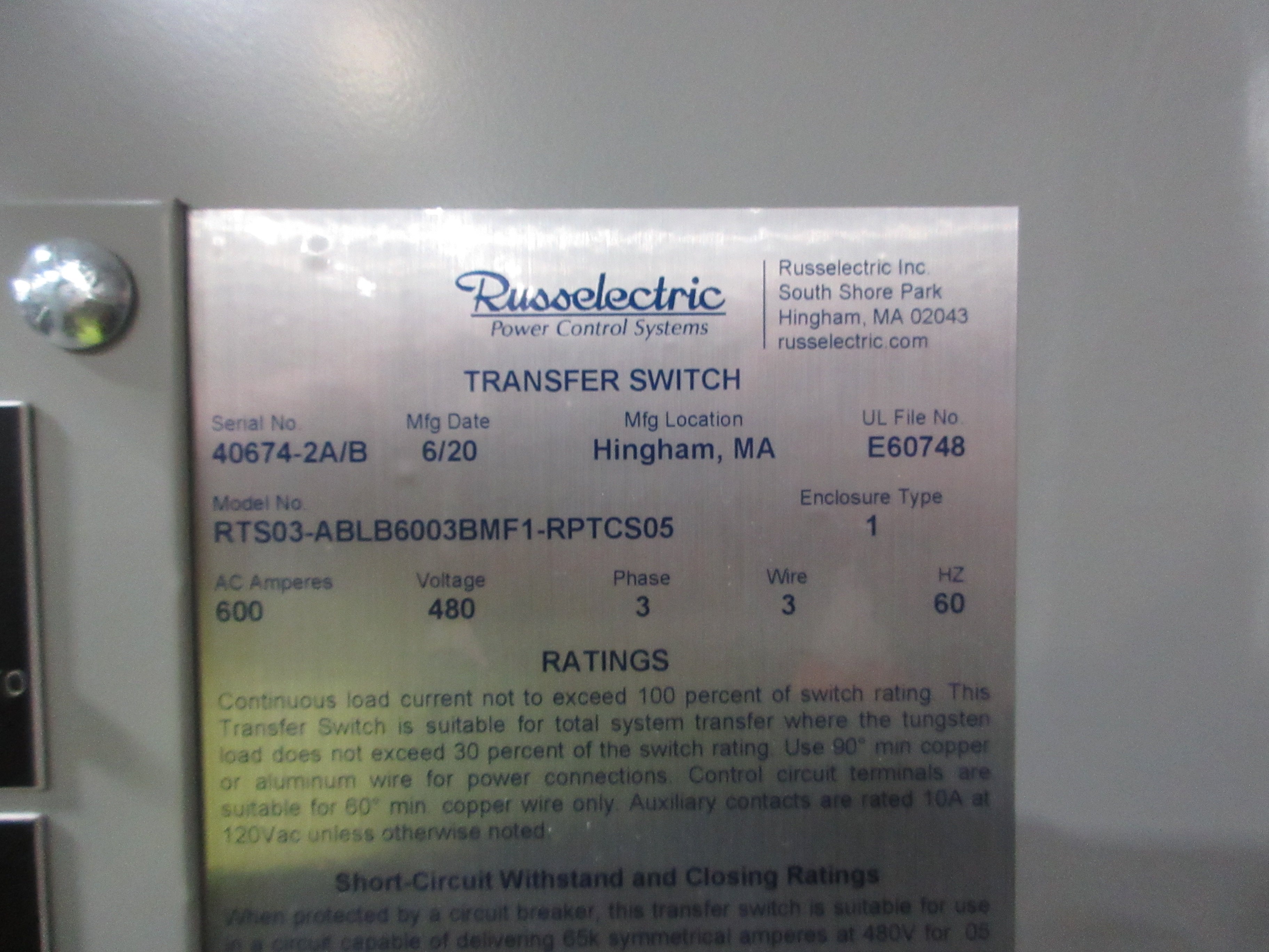 Russelectric Automatic Transfer Switch w/ Bypass RTS03-ABLB6003BMF1-RPTCS05 Used