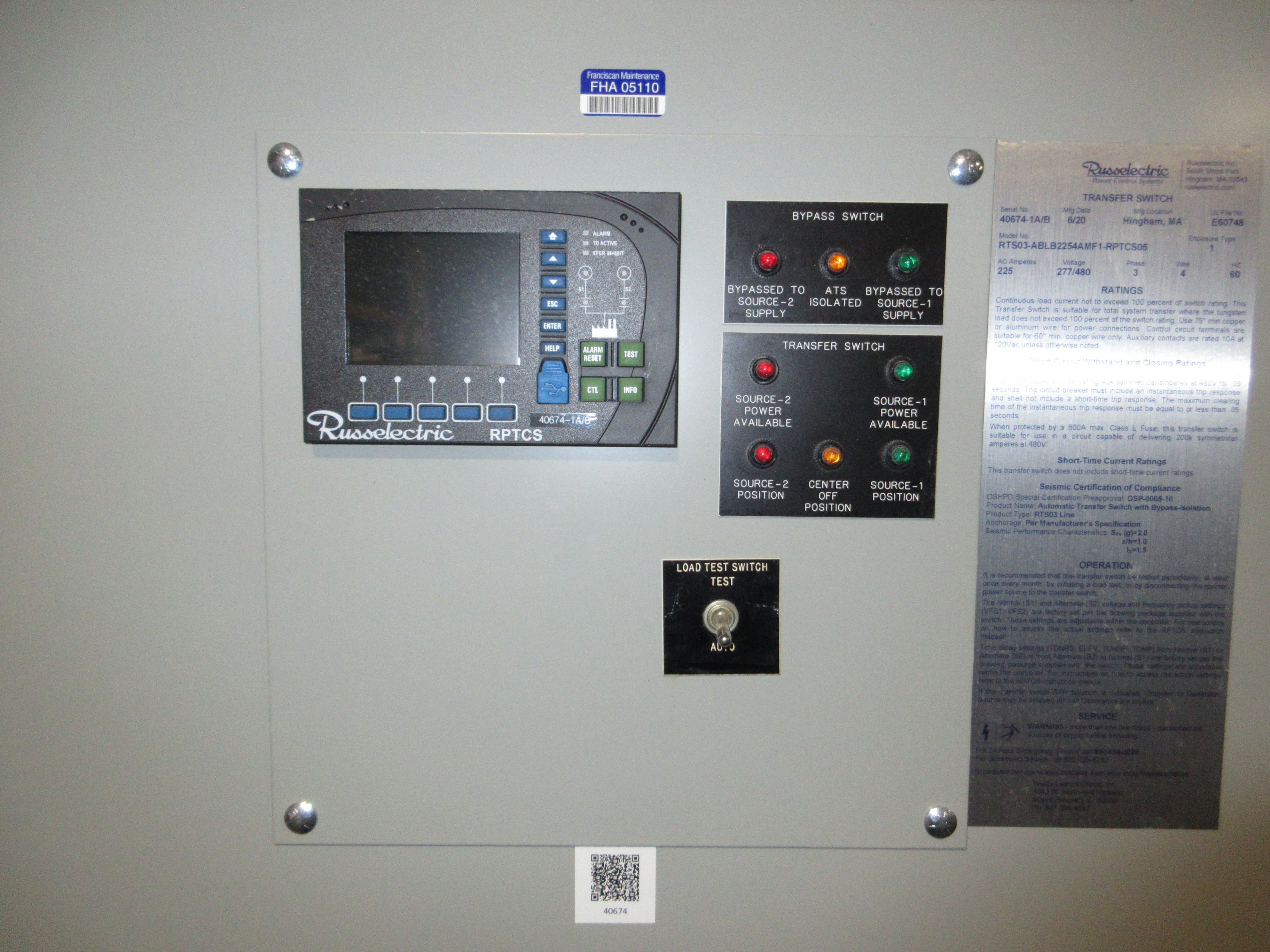 Russelectric Automatic Transfer Switch w/ Bypass RTS03-ABLB2254AMF1-RPTCS05 Used