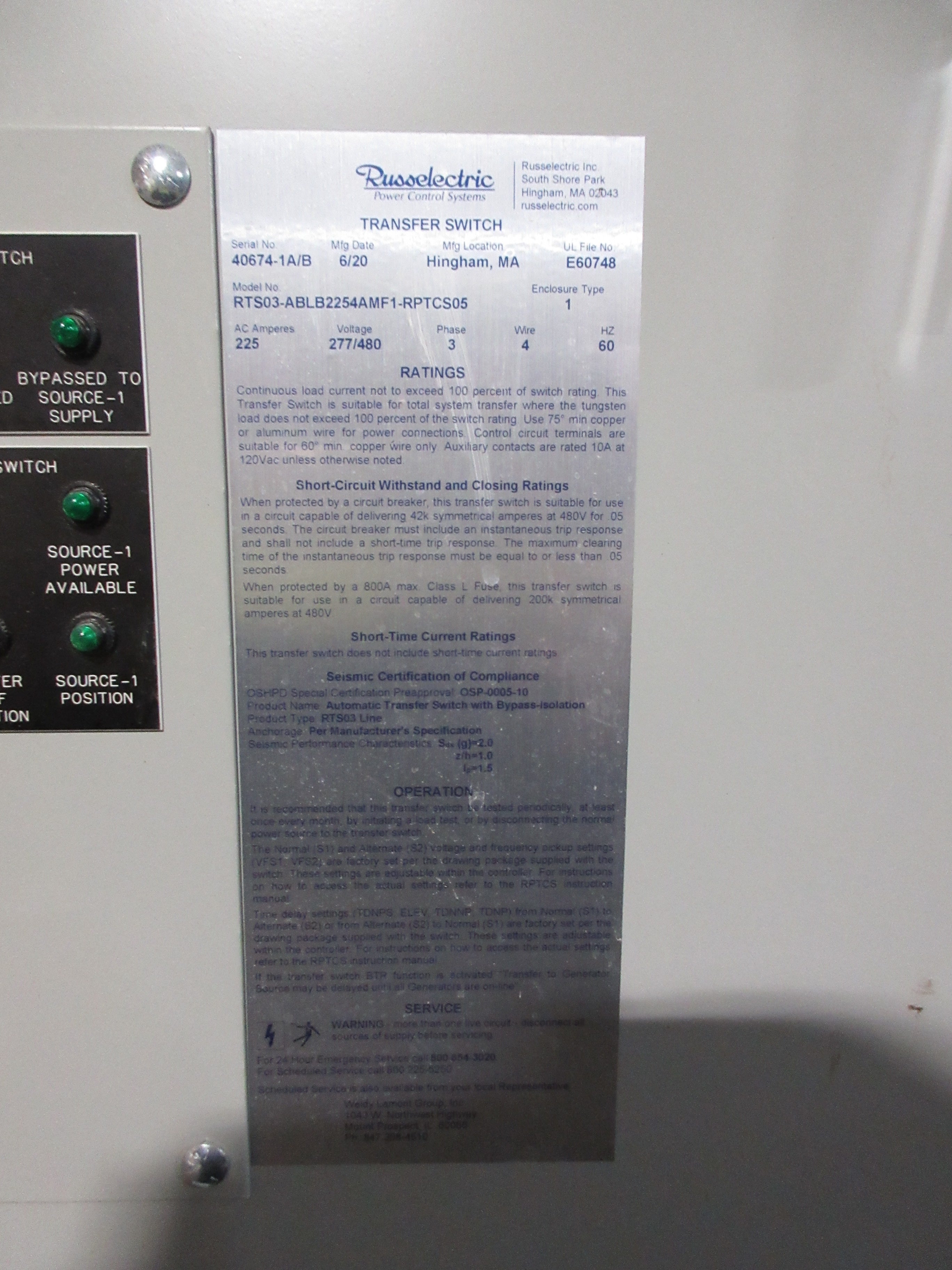Russelectric Automatic Transfer Switch w/ Bypass RTS03-ABLB2254AMF1-RPTCS05 Used