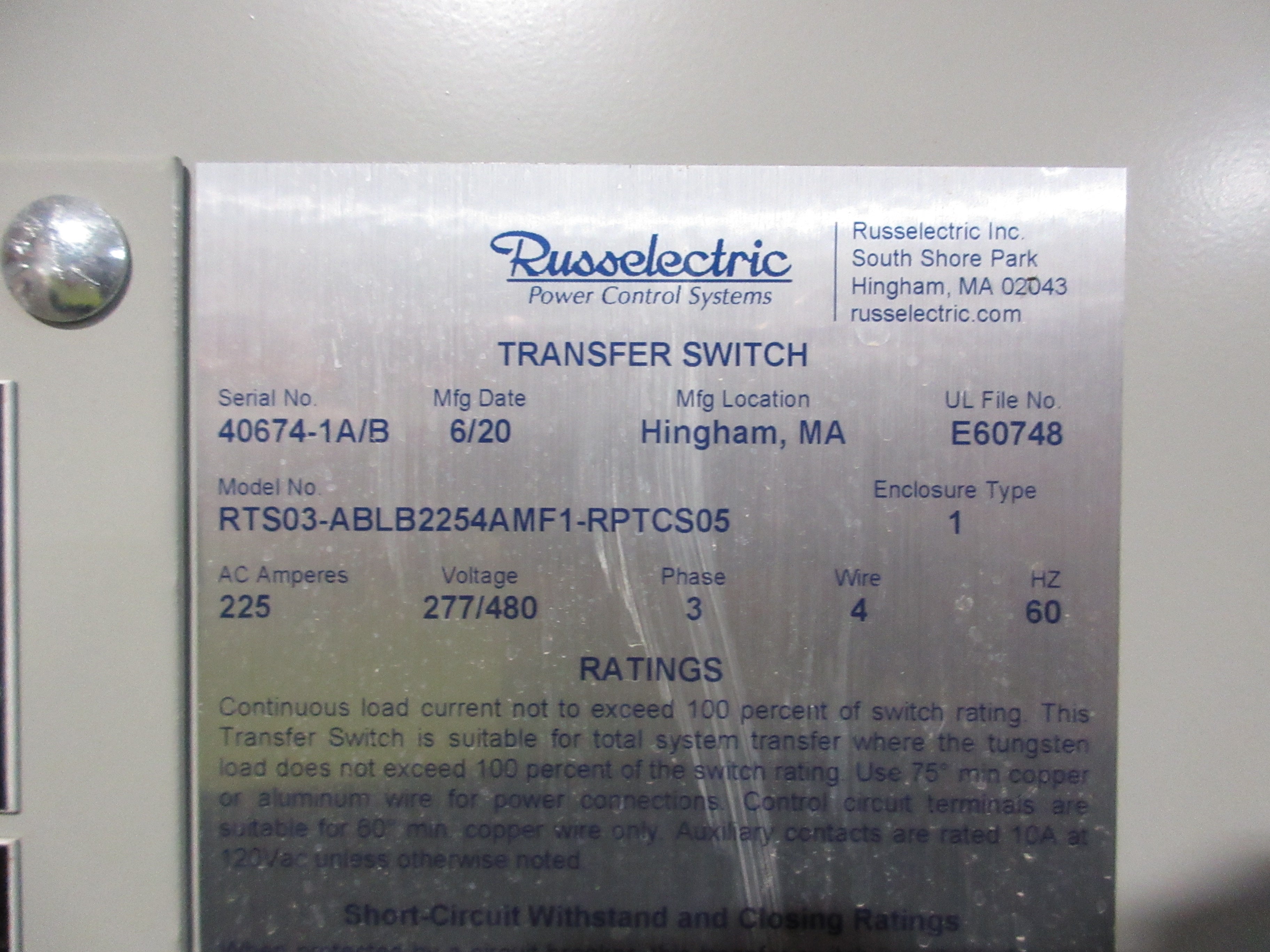 Russelectric Automatic Transfer Switch w/ Bypass RTS03-ABLB2254AMF1-RPTCS05 Used