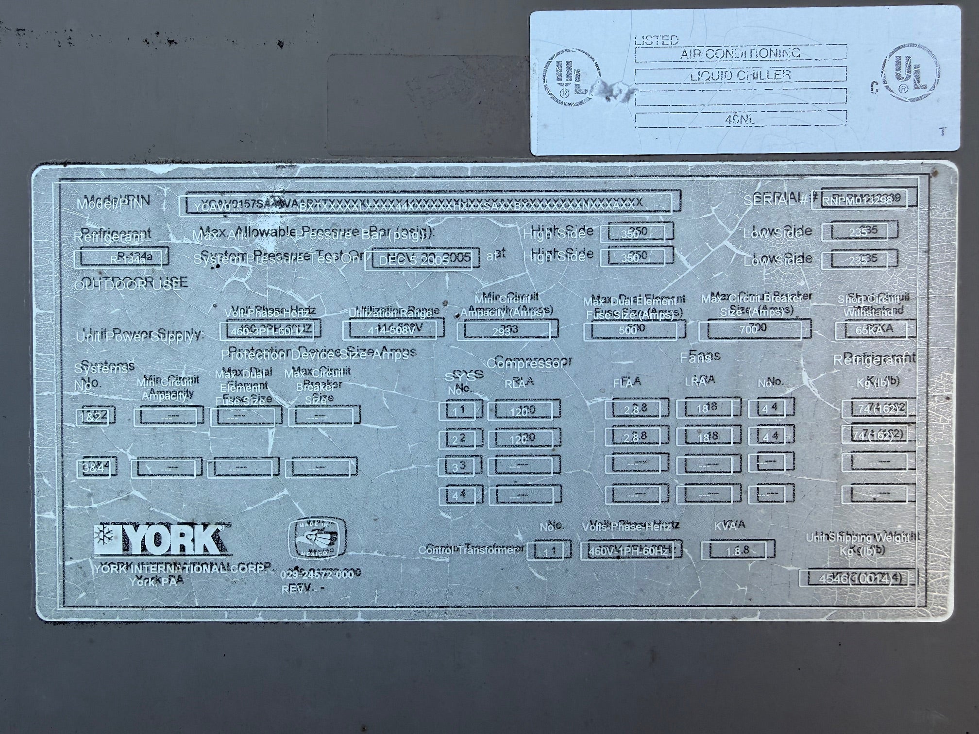 York Air Cooled YVAC Chiller 157 Ton 480V MFD 2005 Used
