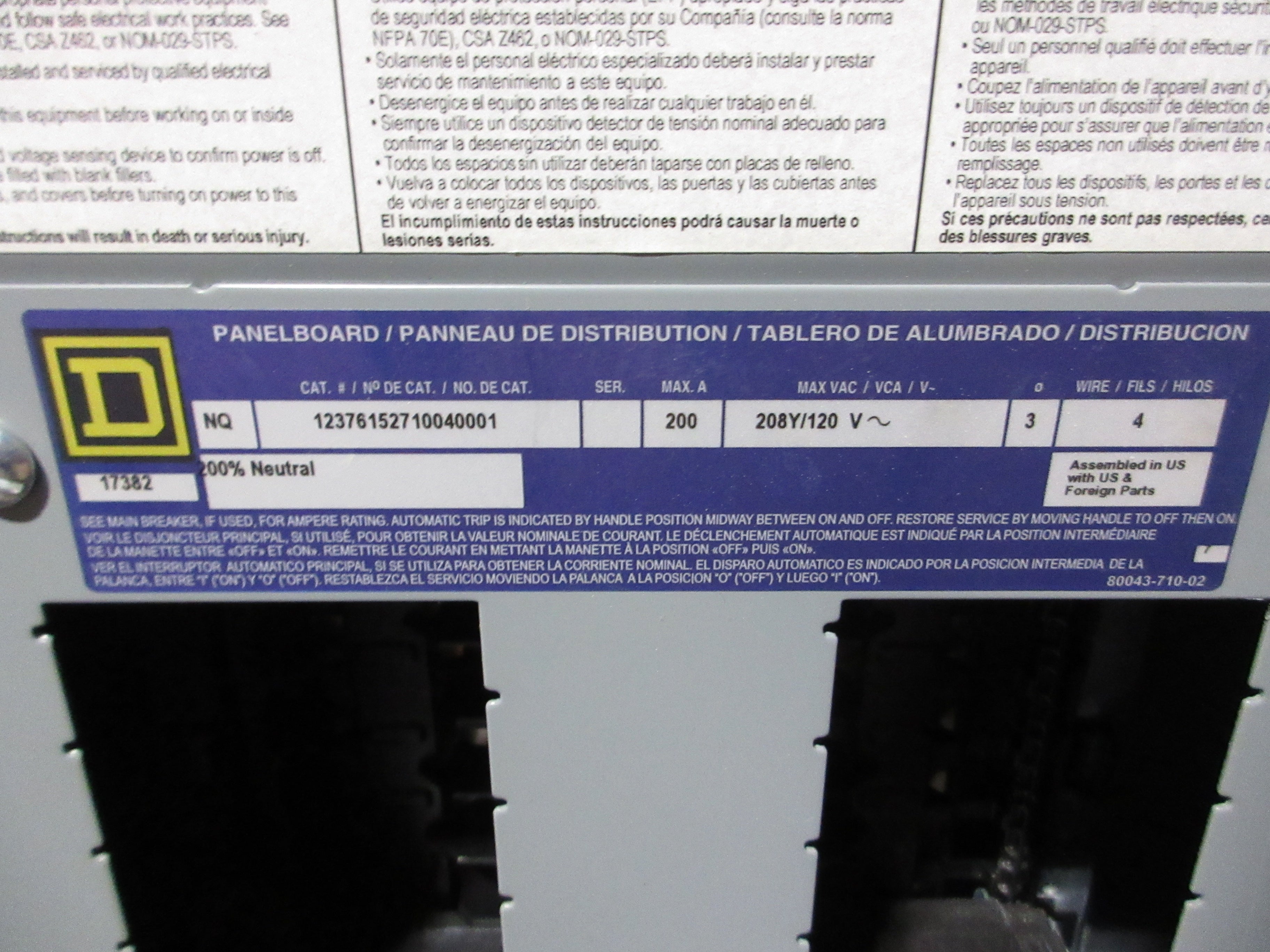 Square D Main Lug Breaker Panel 12376152710040001 200A 208/120V 3Ph 4W Used