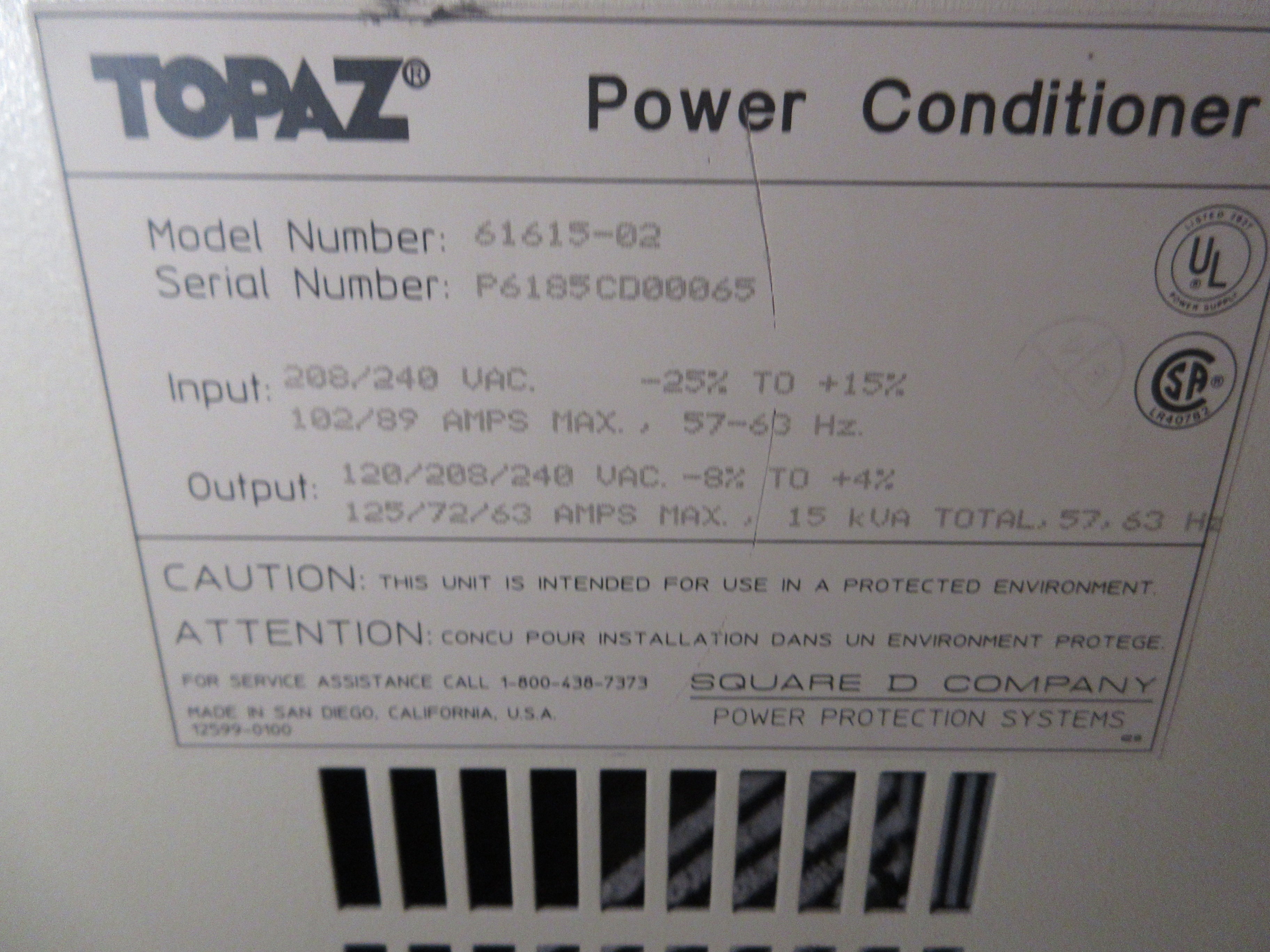 Square D Topaz Power Conditioner 61615-02 15kVA Used