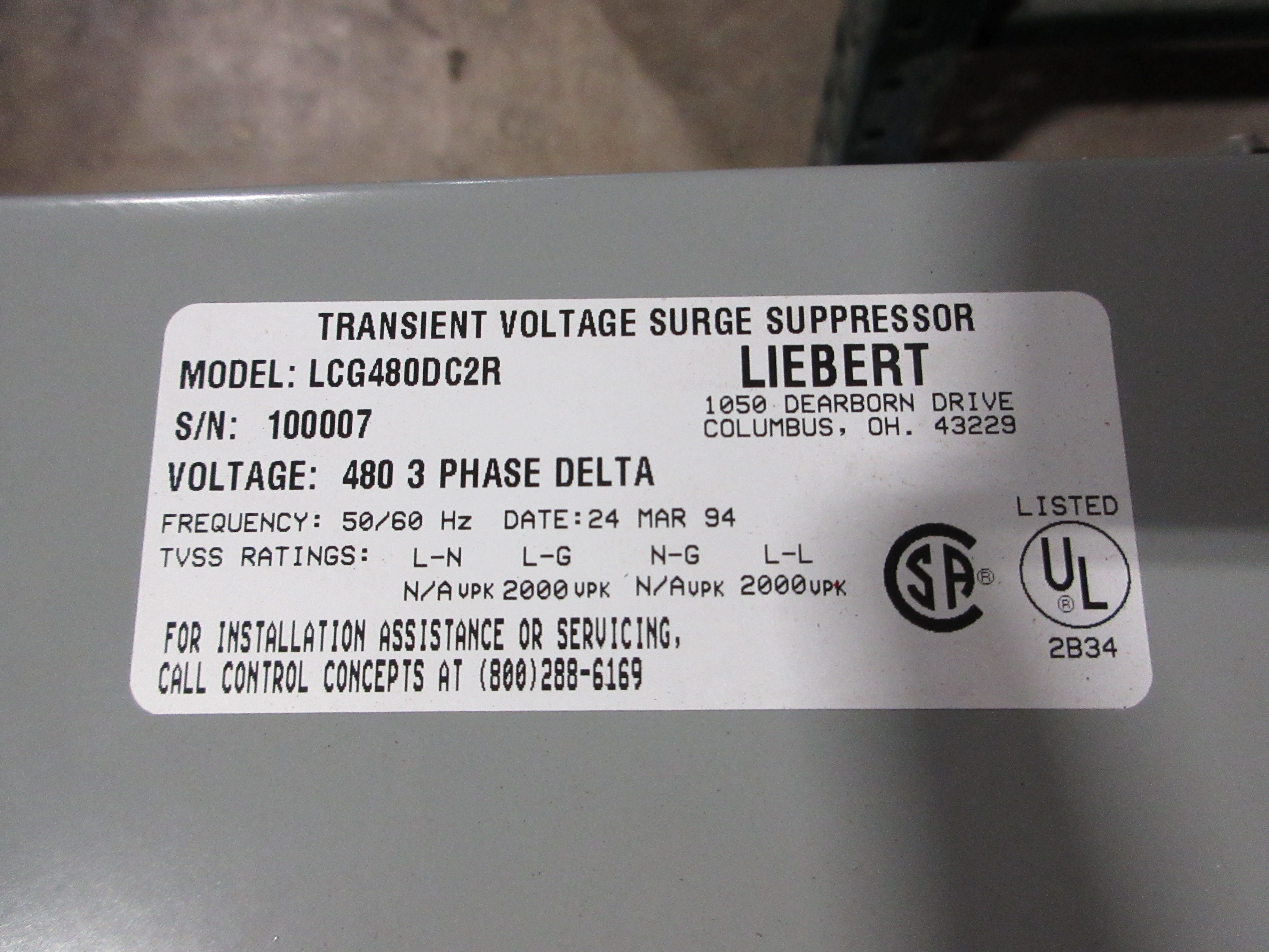 Liebert Surge Suppressor LCG480DC2R 480V 3Ph 50/60Hz TVSS: 2000V L-G, L-L Used