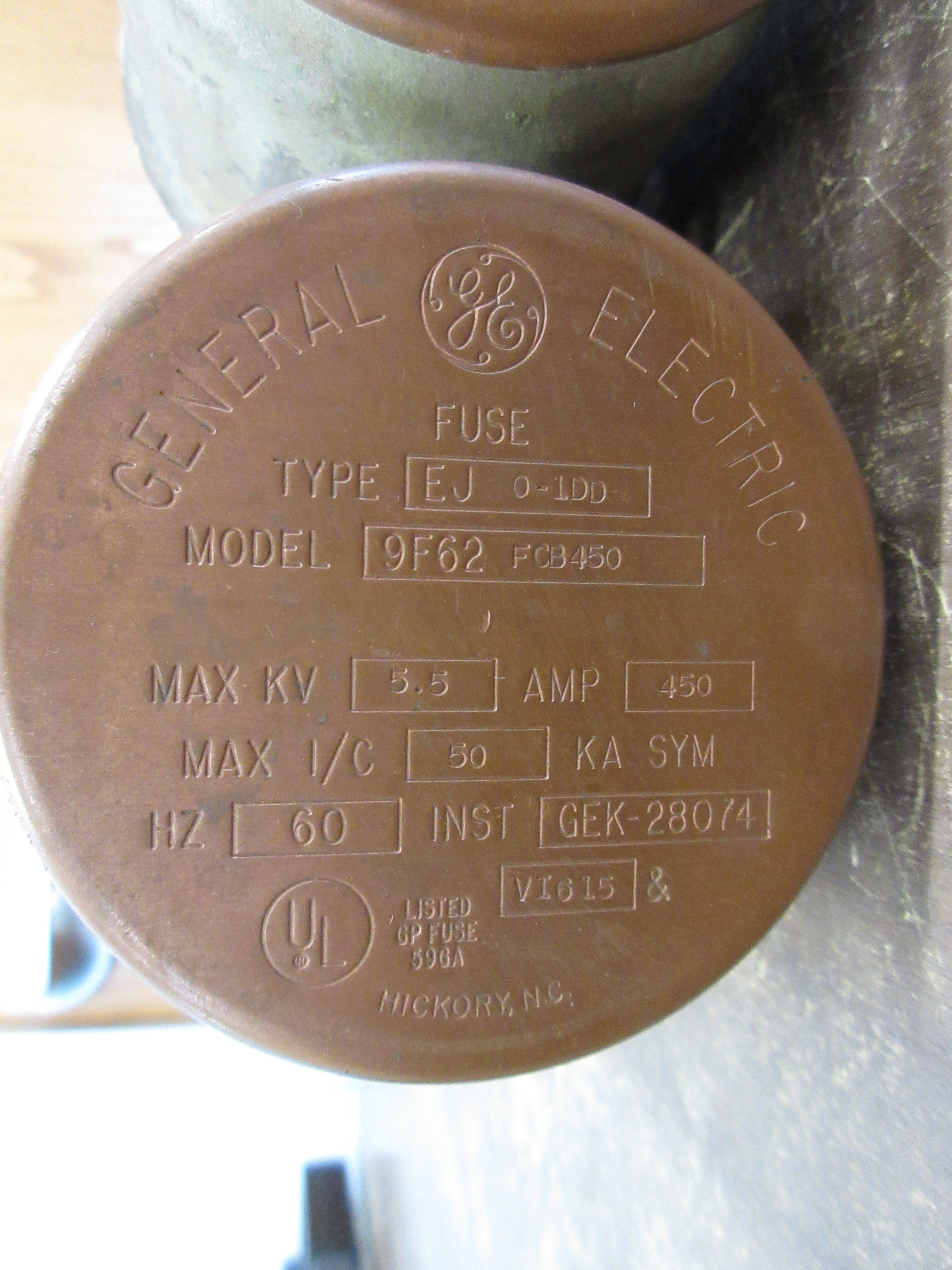 GE Type EJ 0-1DD Fuse 9F62 FCB450 5.5kV 450A 60Hz Used