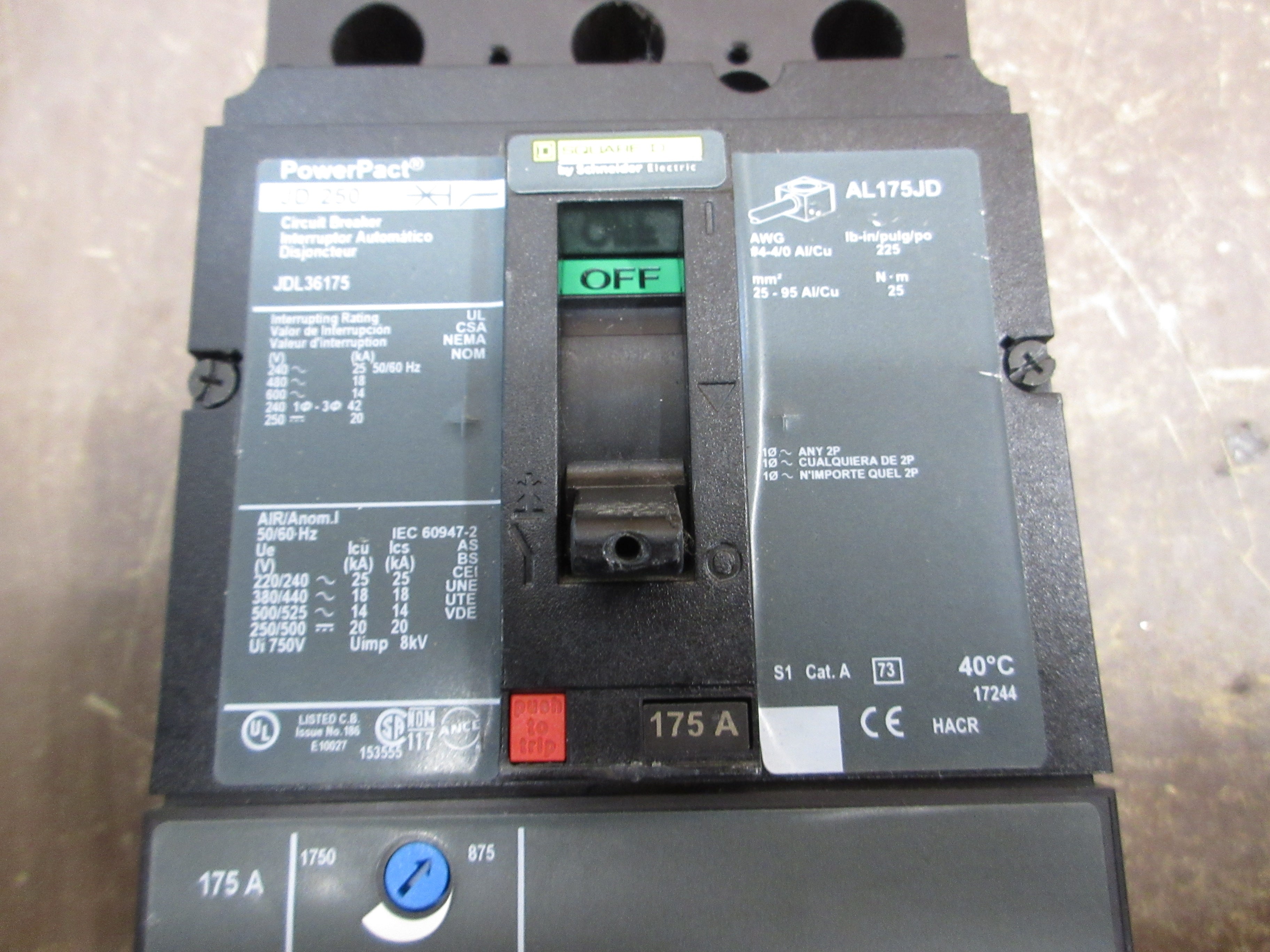 Square D PowerPact Circuit Breaker JDL36175 175A 600V 3P Used