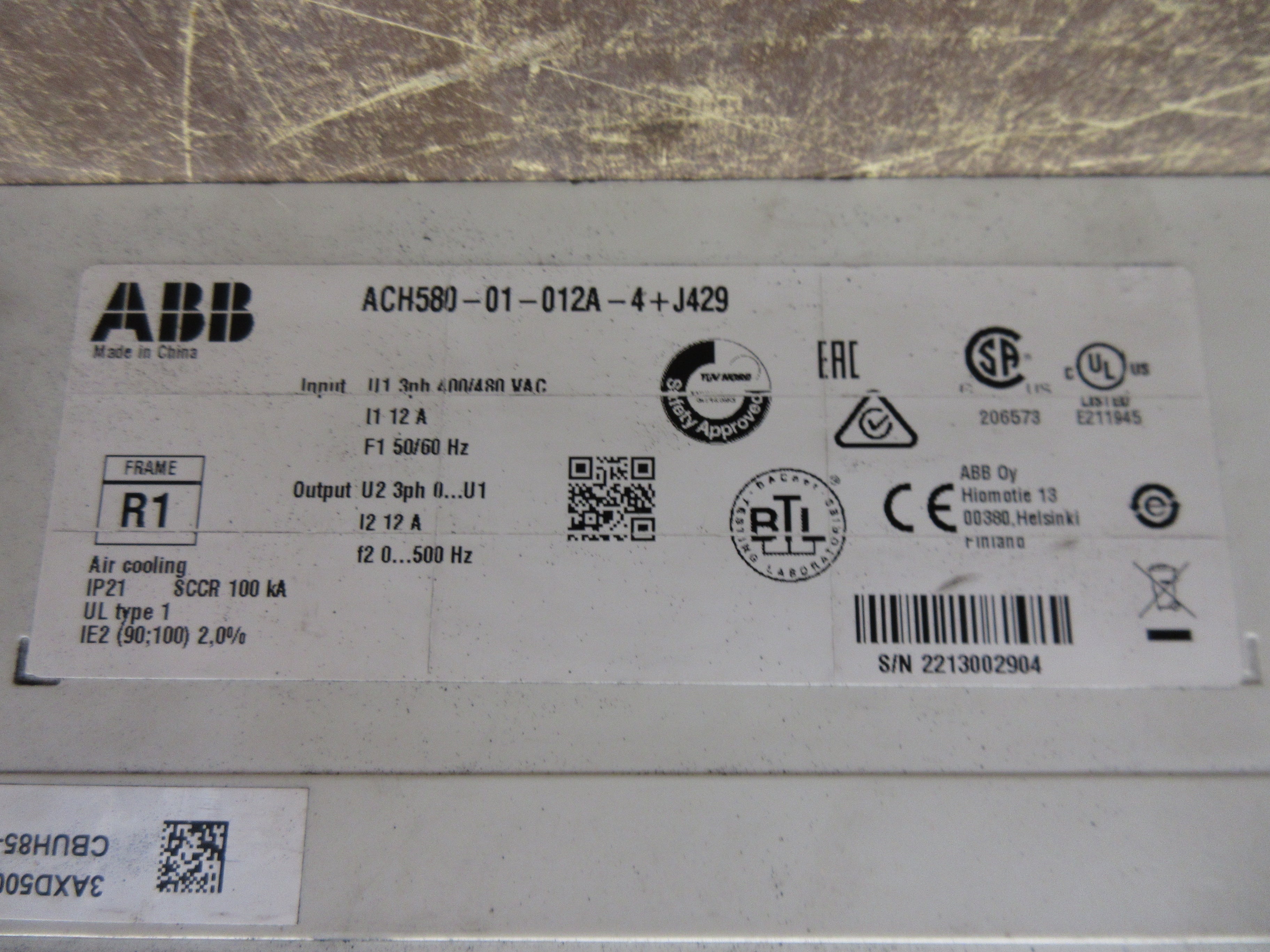 ABB ACH580 AC Drive ACH580-01-012A-4+J429 7.5HP 3Ph w/ Keypad Used