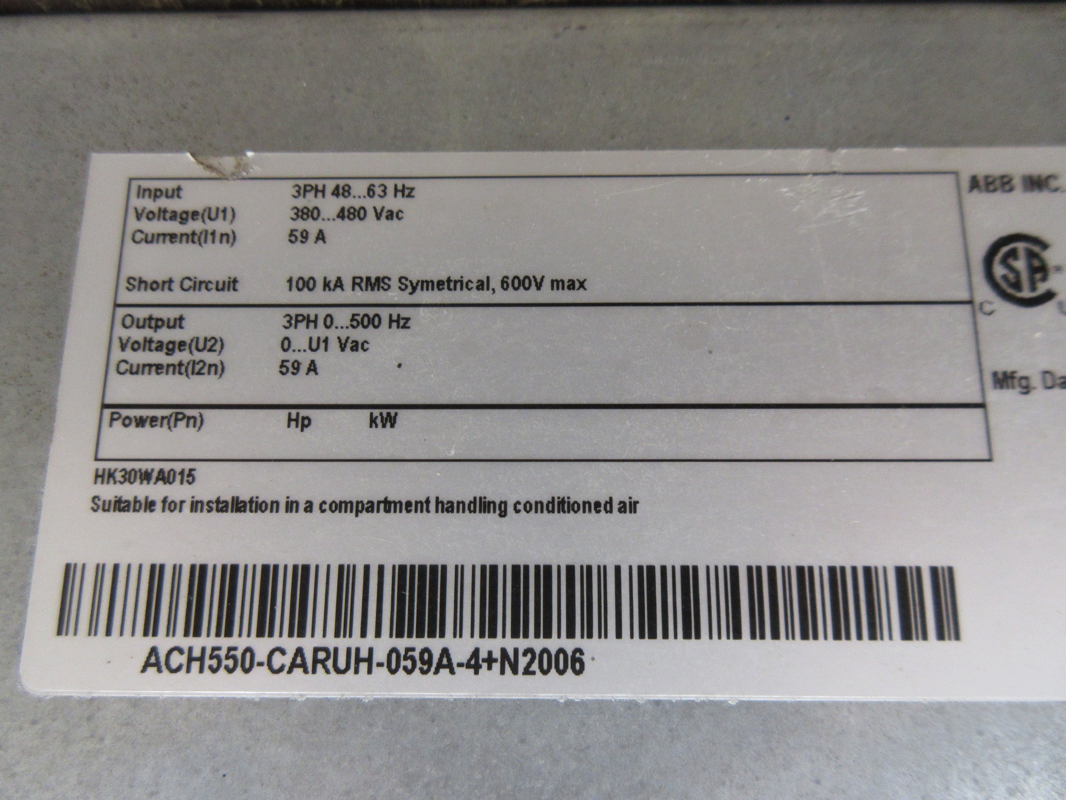 ABB ACH550 AC Drive ACH550-CARUH-059A-4+N2006 40HP 3Ph w/ Keypad Used